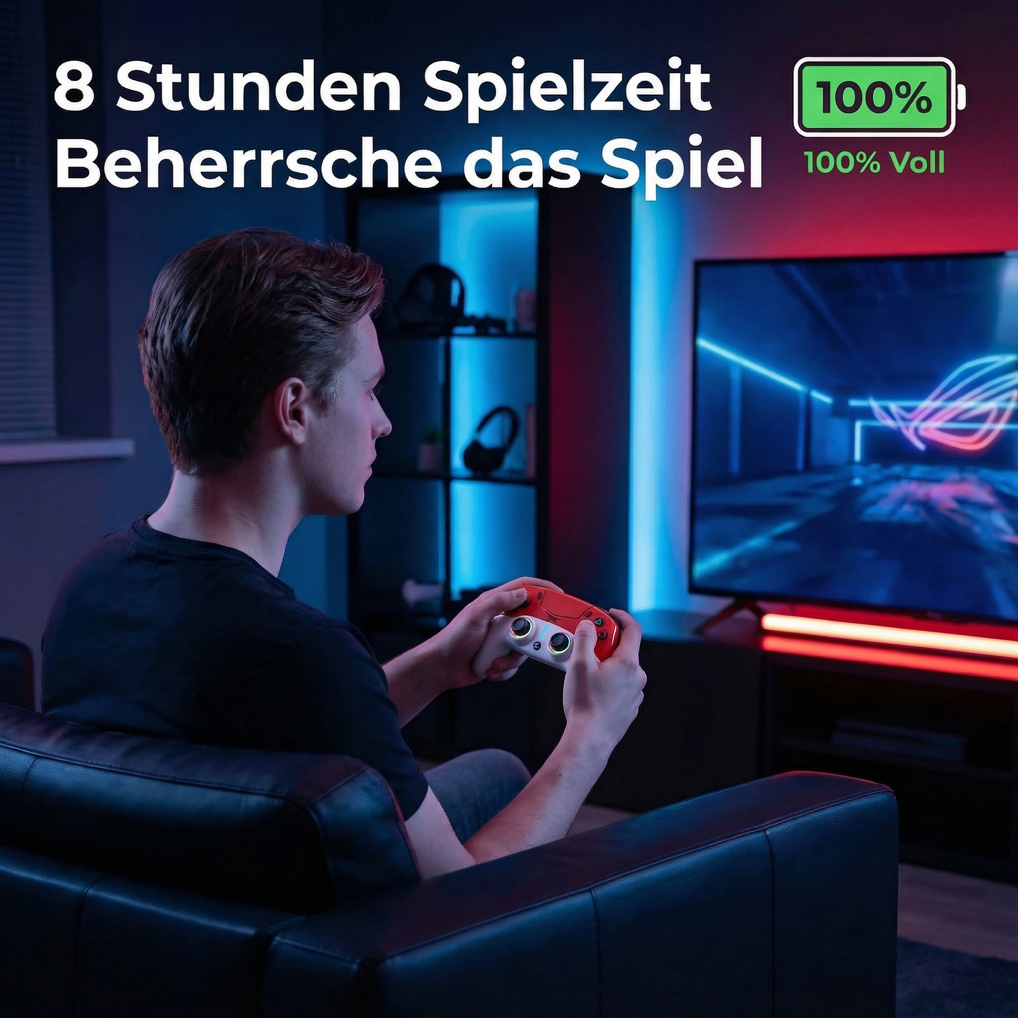 Mann spielt mit Controller, 100% Akku angezeigt. Blaue und rote Beleuchtung.
