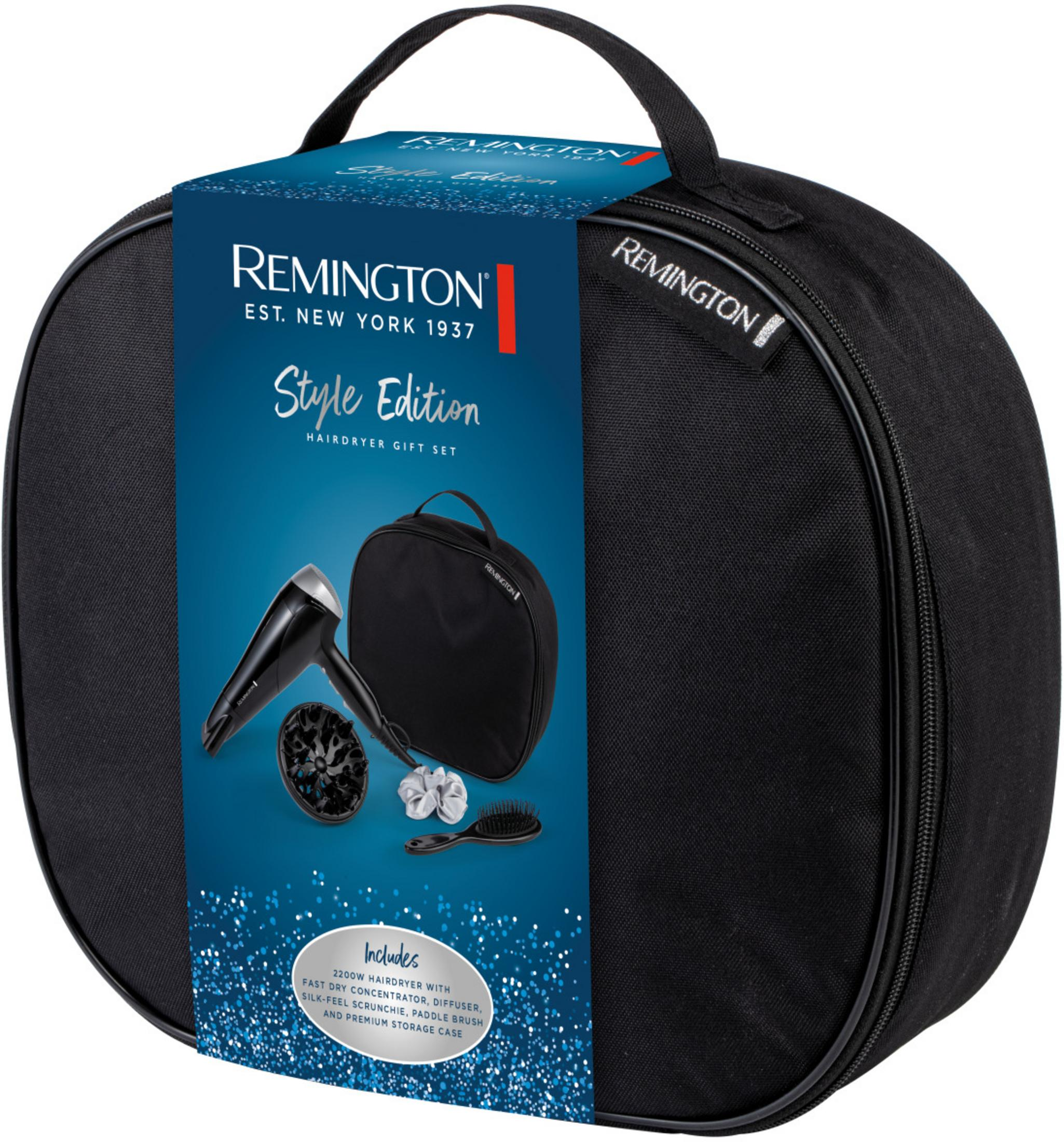 Een Remington haardroger geschenkset in een zwarte tas met accessoires.