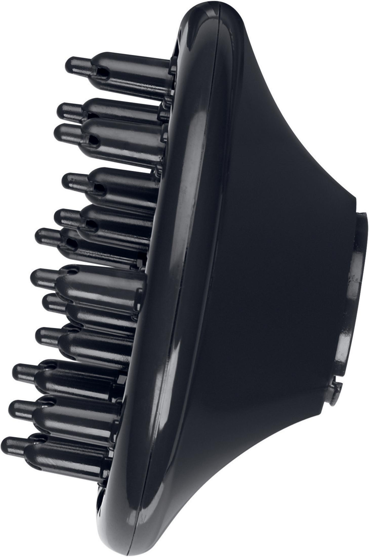 Czarny dyfuzor do suszarki do włosów z wieloma bolcami.