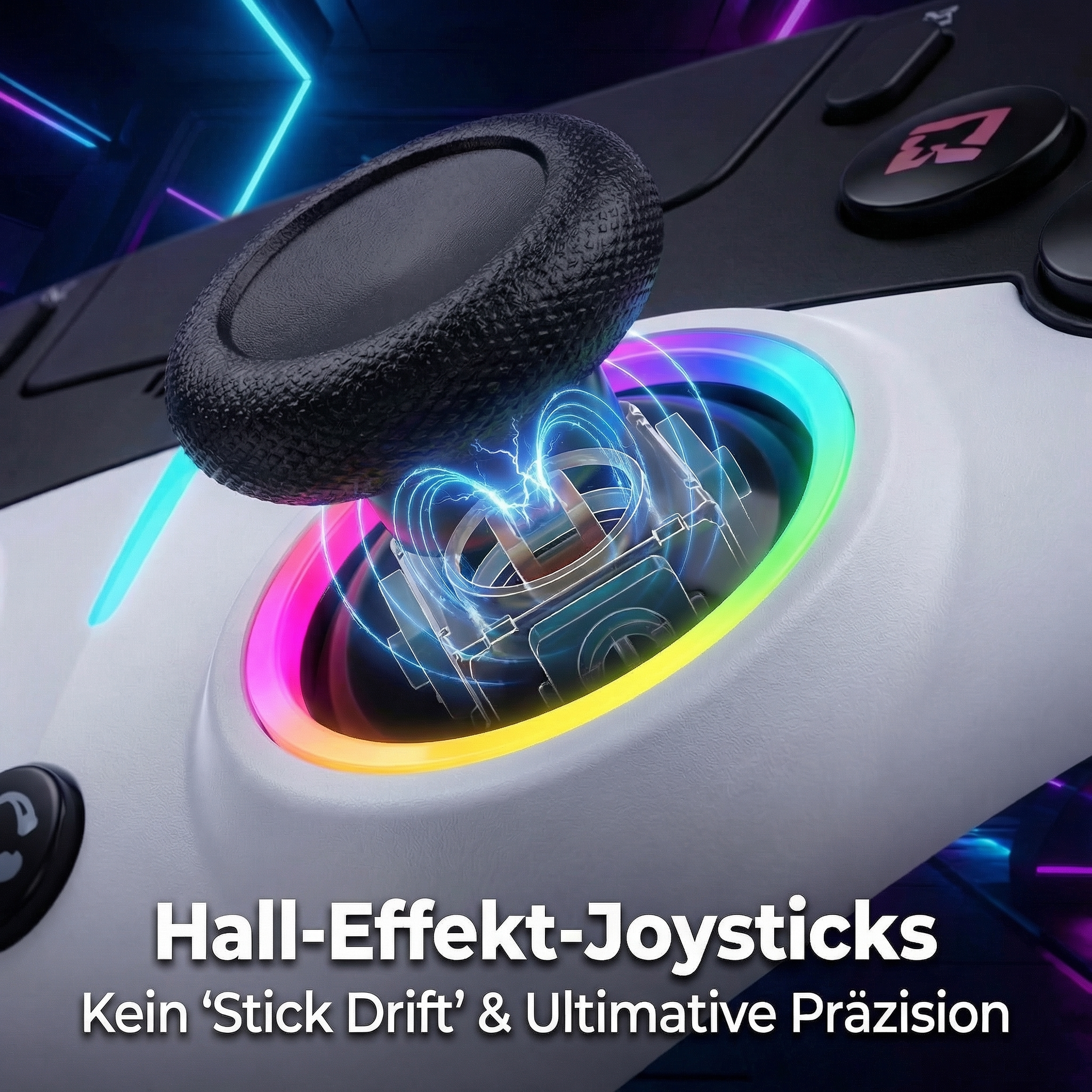 Ein weißer Controller-Joystick mit Regenbogen-LEDs und elektrischen Entladungen.