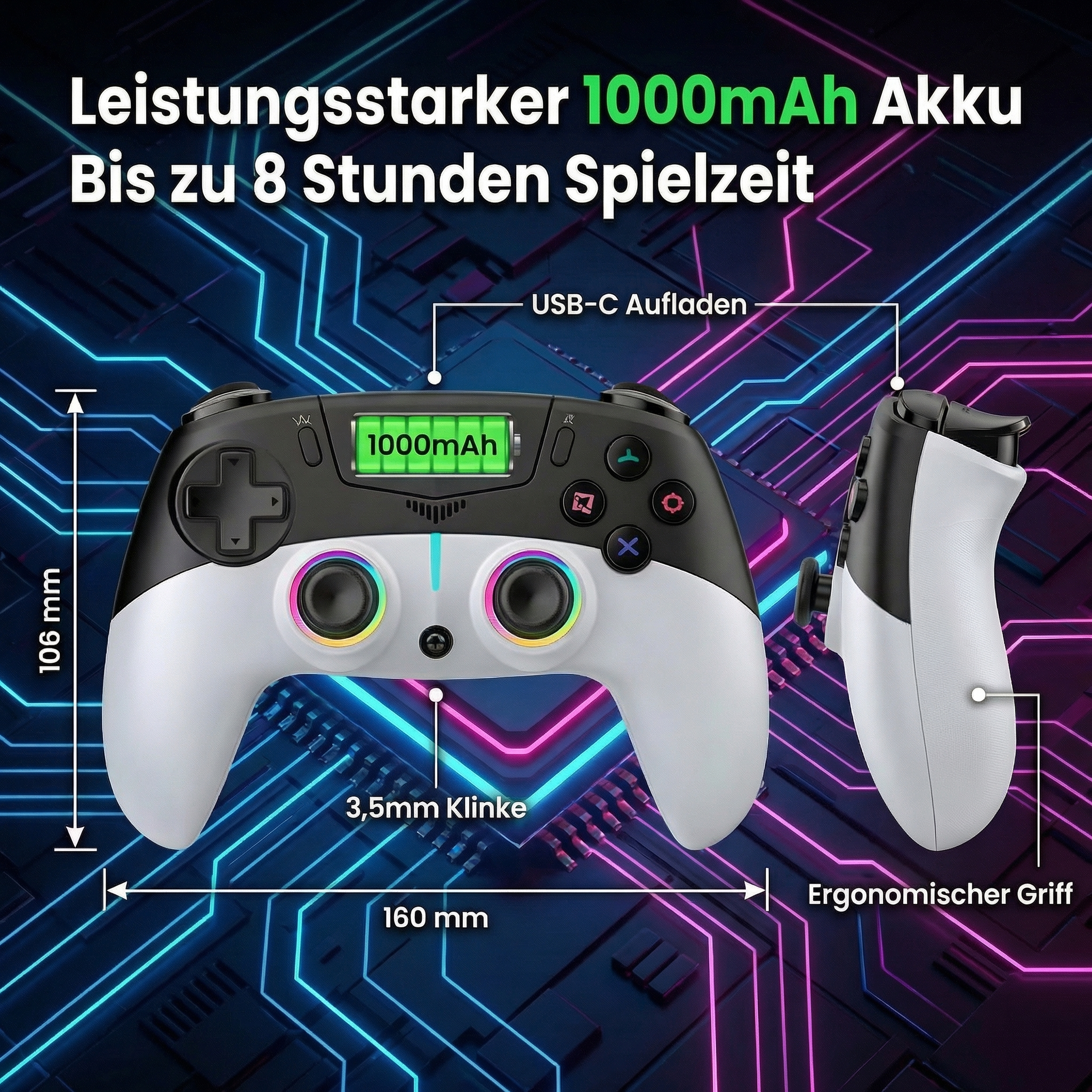 Ein weißer und schwarzer Gamecontroller mit leuchtenden Akzenten und Maßen.