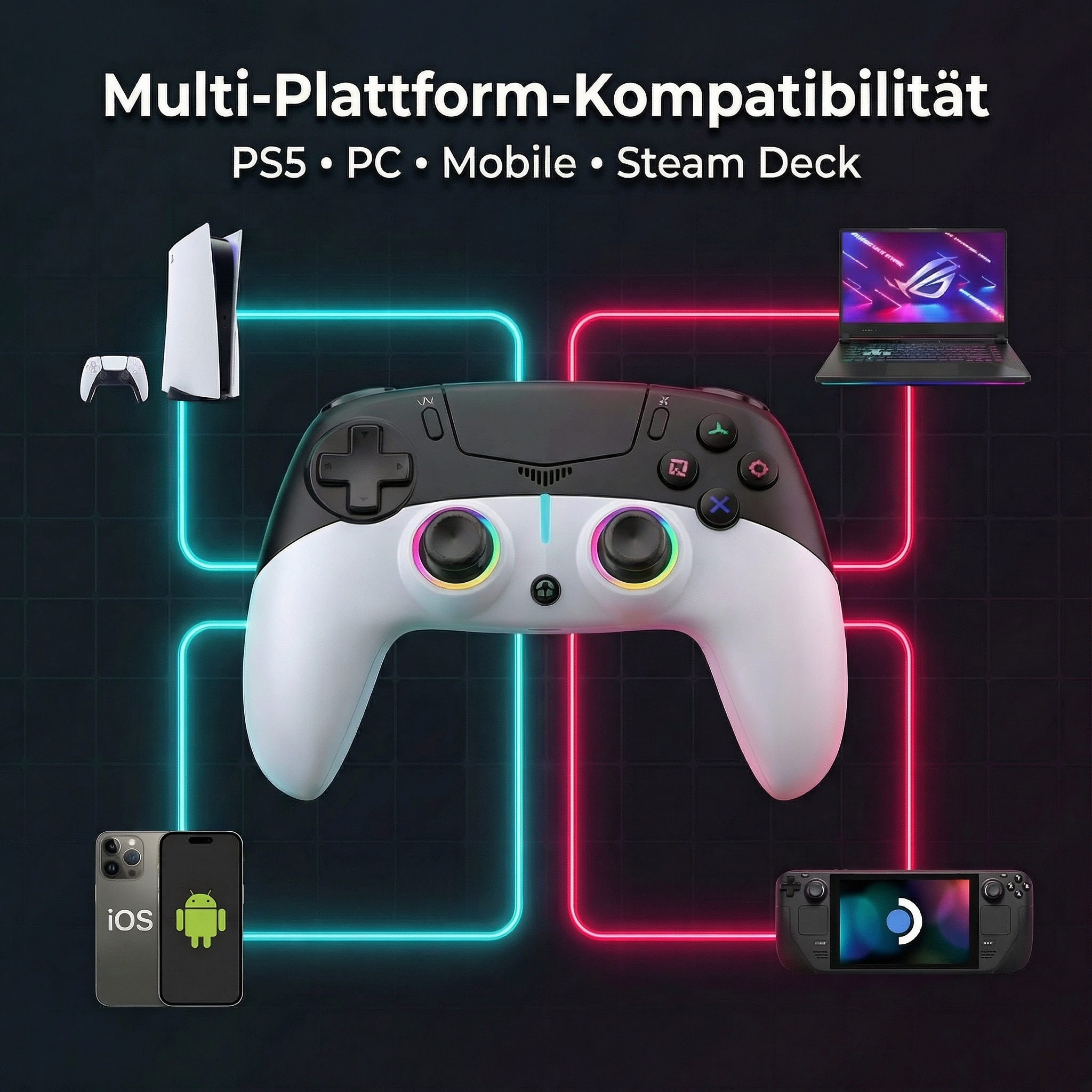 Ein weißer Controller mit leuchtenden Ringen, verbunden mit PS5, PC, Handy und Steam Deck.