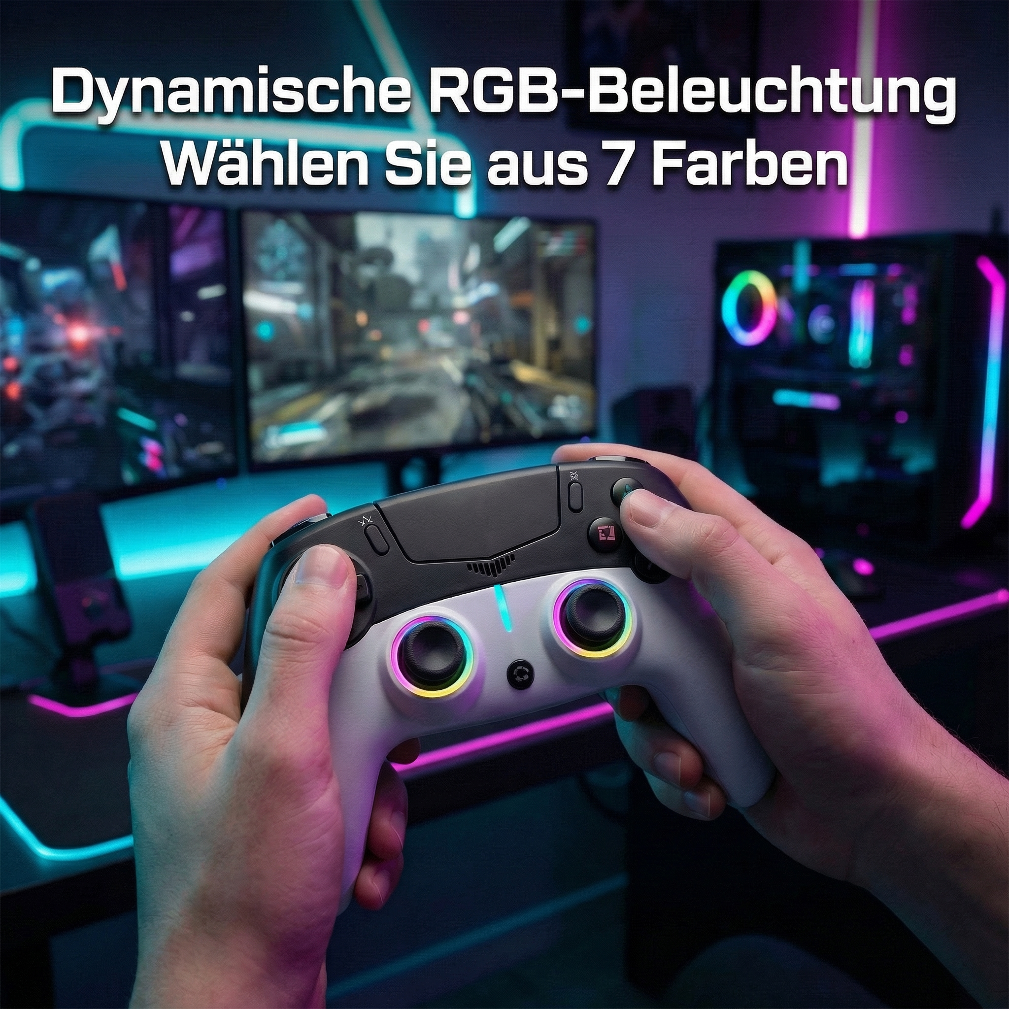 Person hält Controller mit RGB-Beleuchtung, zwei Monitore mit Spielen, PC im Hintergrund.