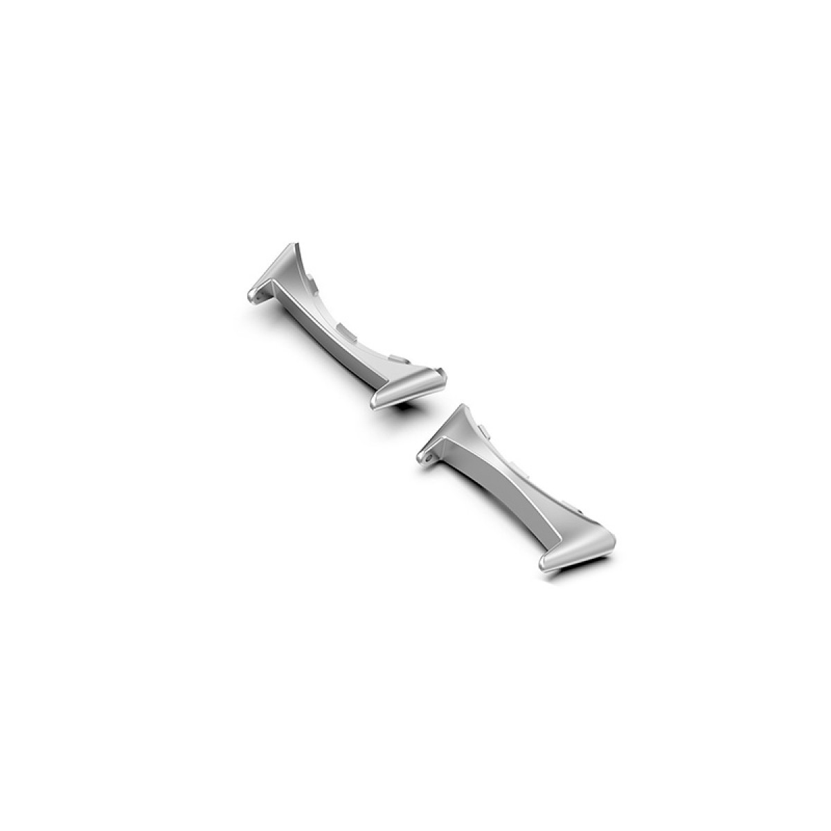 Zwei silberne Uhrenarmbandglieder liegen auf weißem Hintergrund.