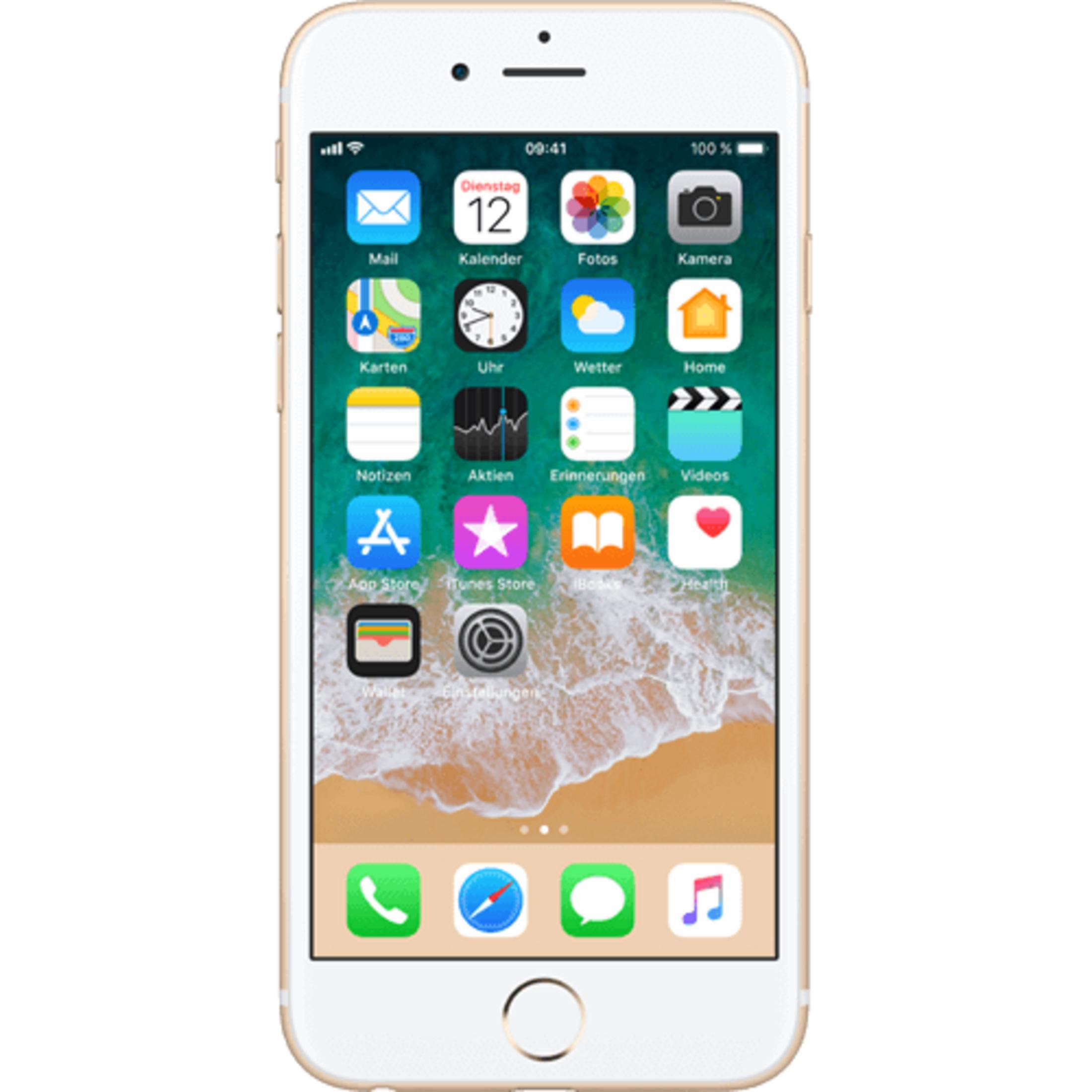 Ein goldfarbenes iPhone mit einem Startbildschirm voller App-Icons und einem Wellen-Hintergrund.