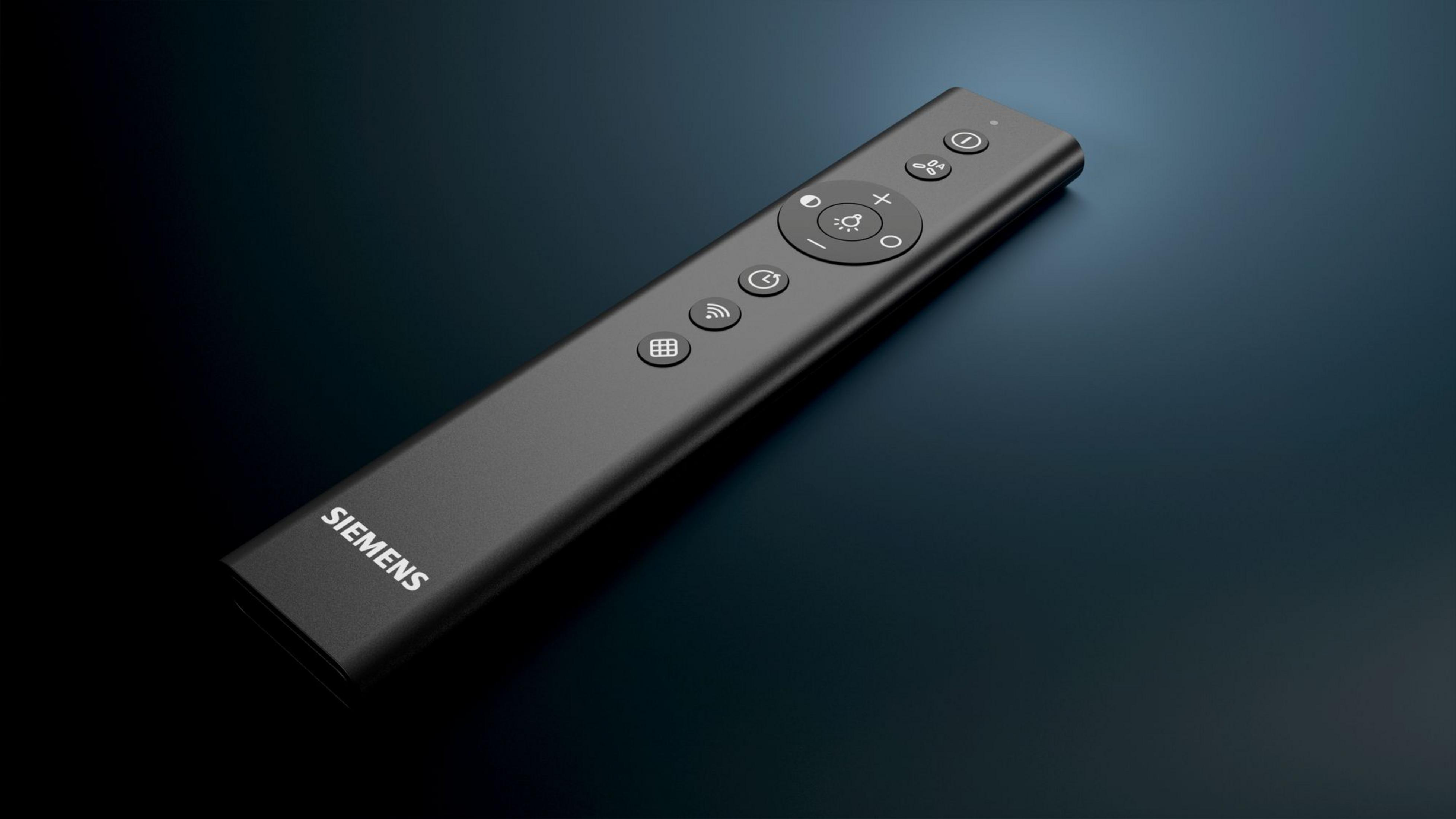 Telecomando grigio scuro con logo SIEMENS e pulsanti.