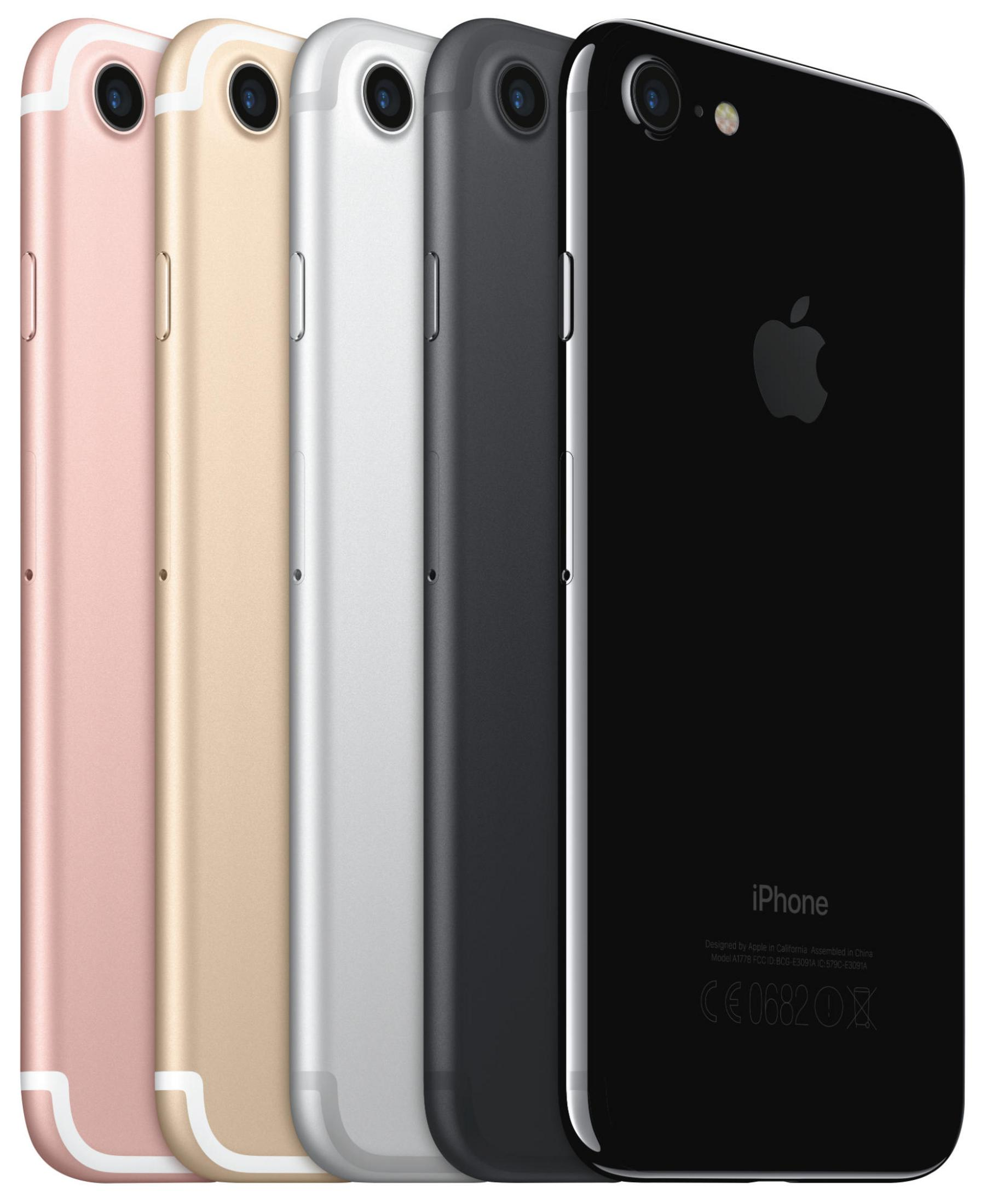 Pięć iPhone'ów w kolorach różowego złota, złotym, srebrnym, szarym i czarnym obok siebie.