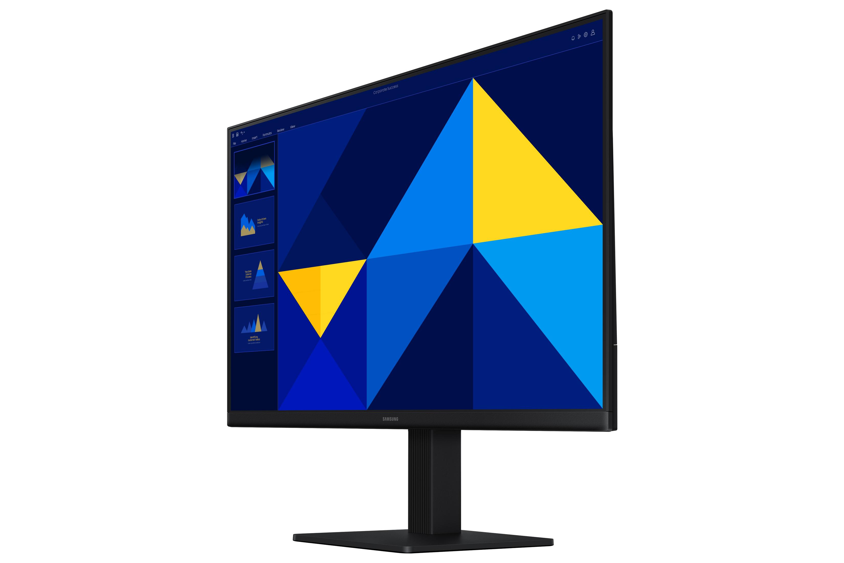 Een moderne monitor toont een presentatie met blauwe en gele geometrische vormen.