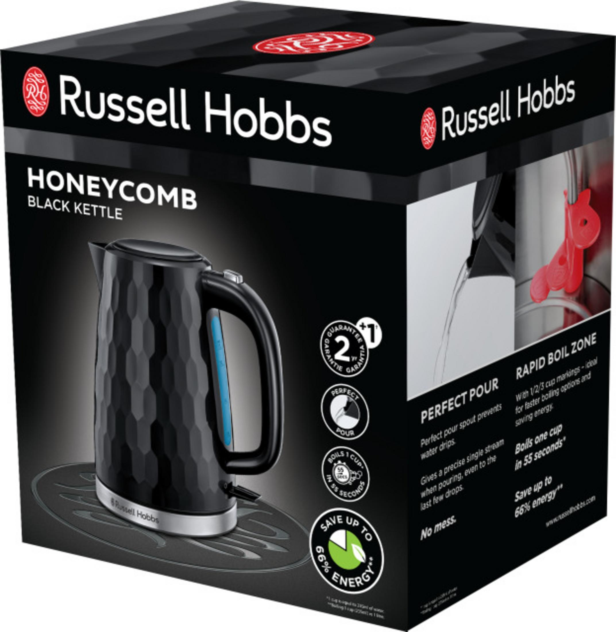 Schwarzer Wasserkocher mit Wabenmuster von Russell Hobbs auf schwarzer Verpackung.