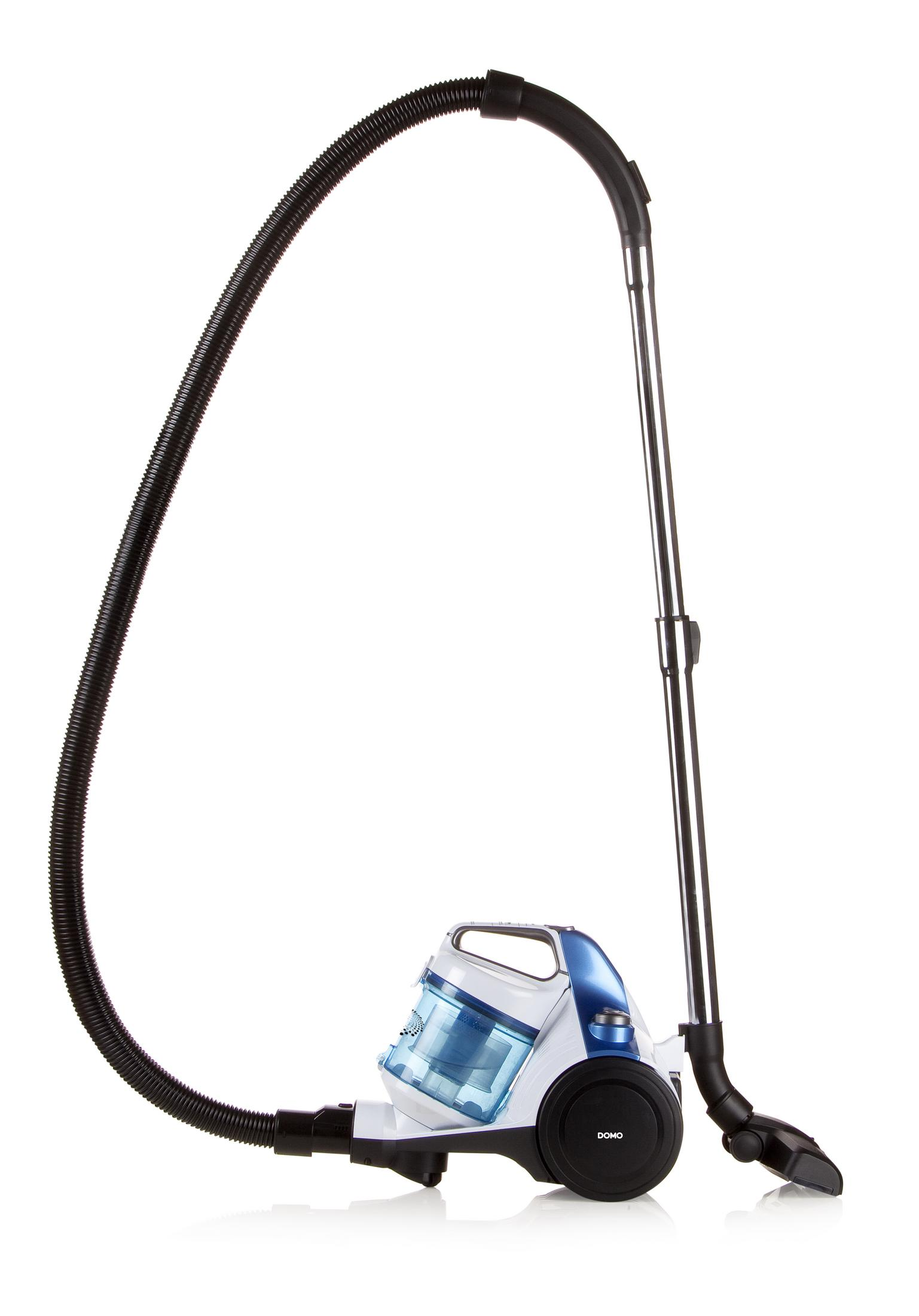 Biały i niebieski odkurzacz z czarnym wężem i rurą.