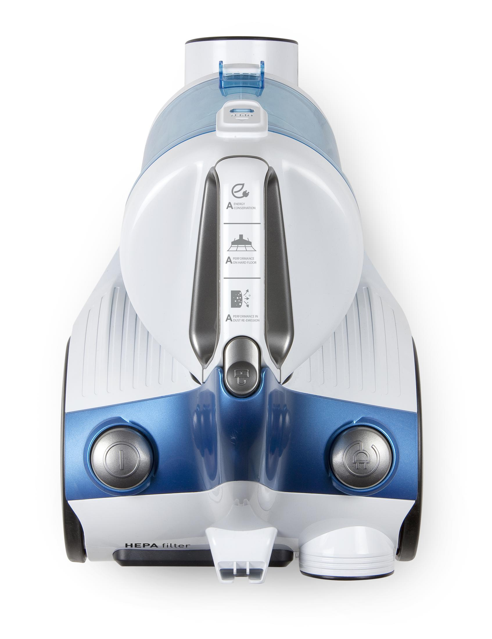 Biały i niebieski odkurzacz z filtrem HEPA i ikonami oszczędności energii.