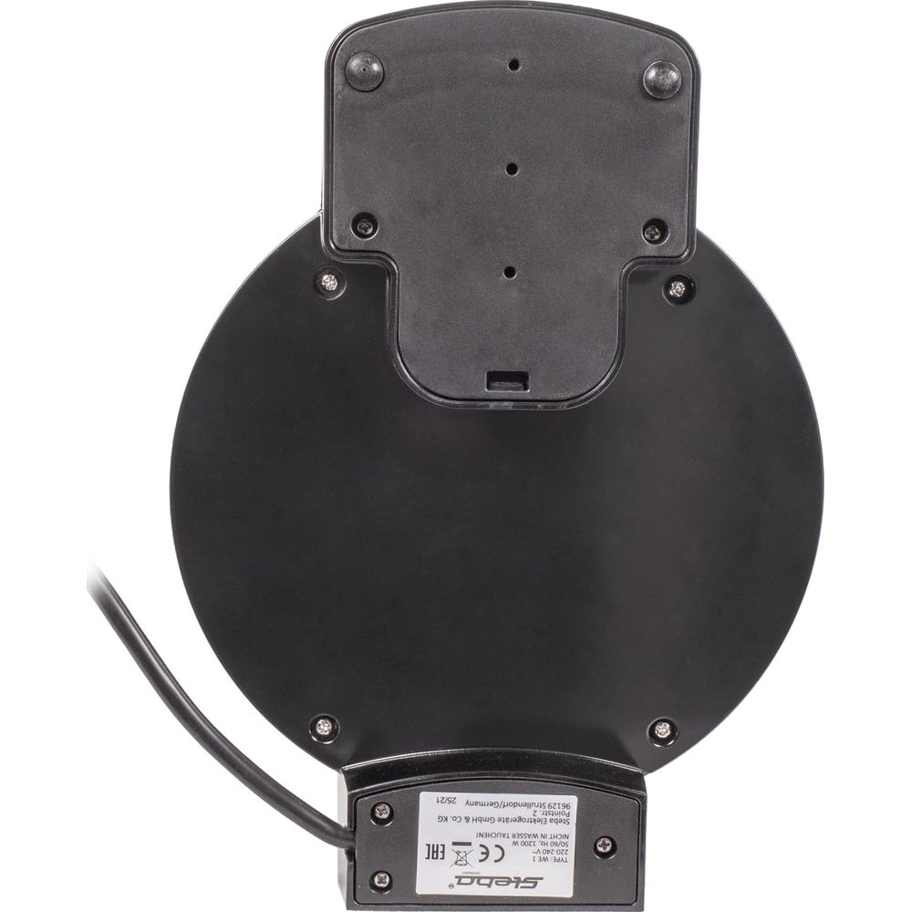 Schwarzes rundes Gerät mit Kabel und Typenschild mit technischen Daten.