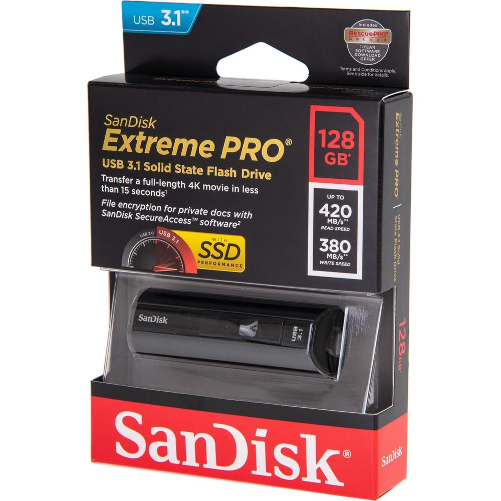 Pendrive SSD SanDisk Extreme PRO USB 3.1 128GB w opakowaniu, pokazujący specyfikacje prędkości.