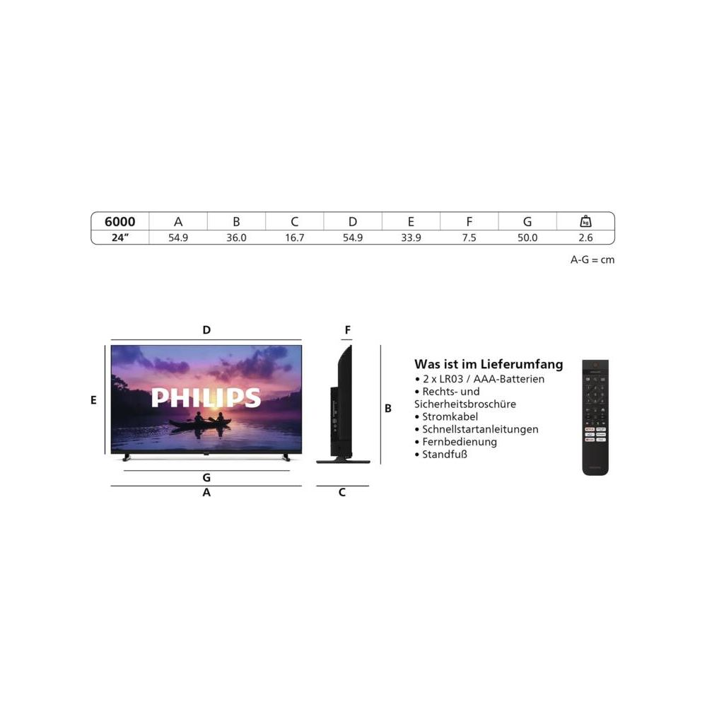 Dane techniczne i zawartość zestawu telewizora Philips z pilotem.