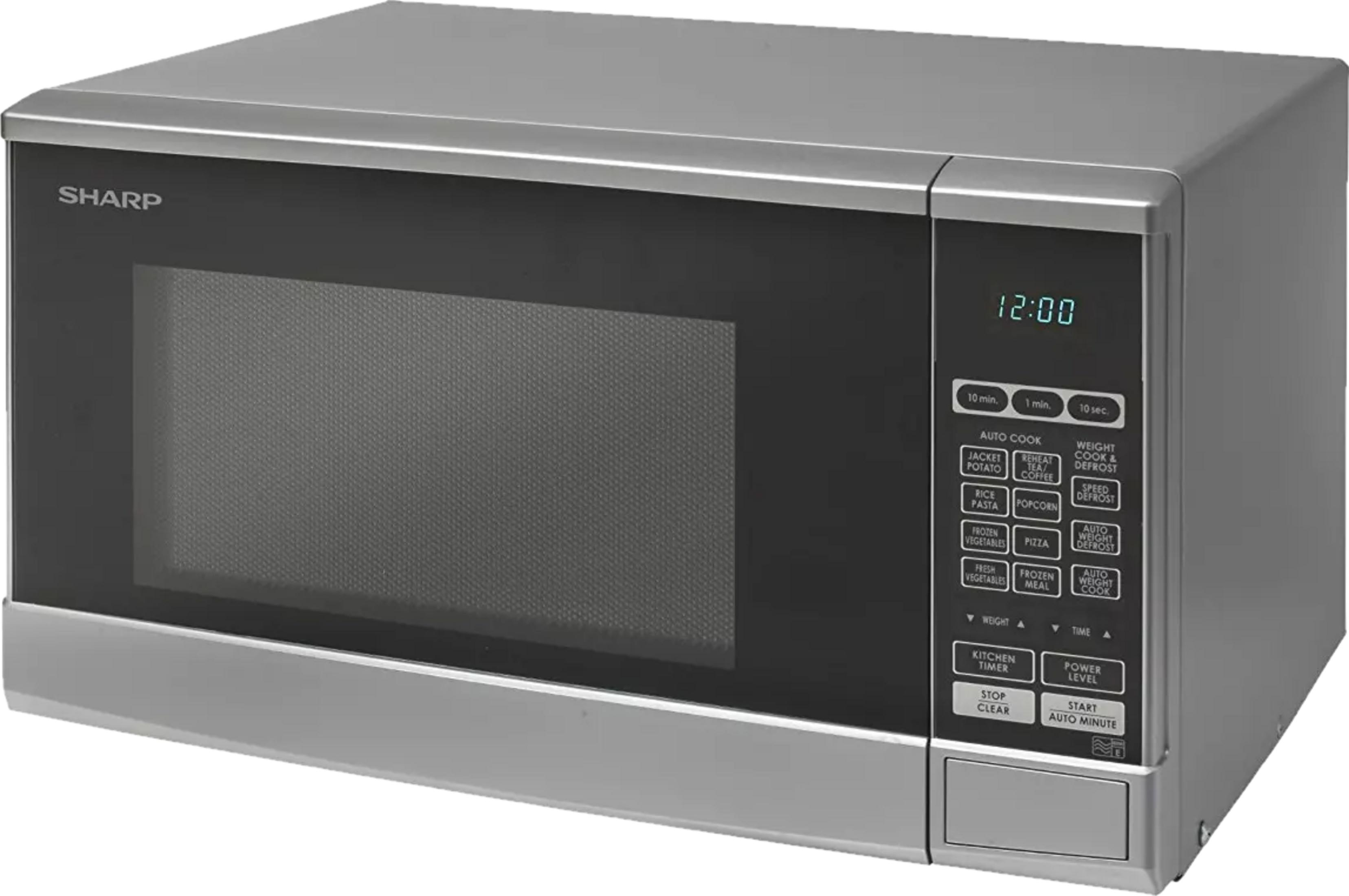 Srebrna kuchenka mikrofalowa Sharp z cyfrowym wyświetlaczem i panelem sterowania.