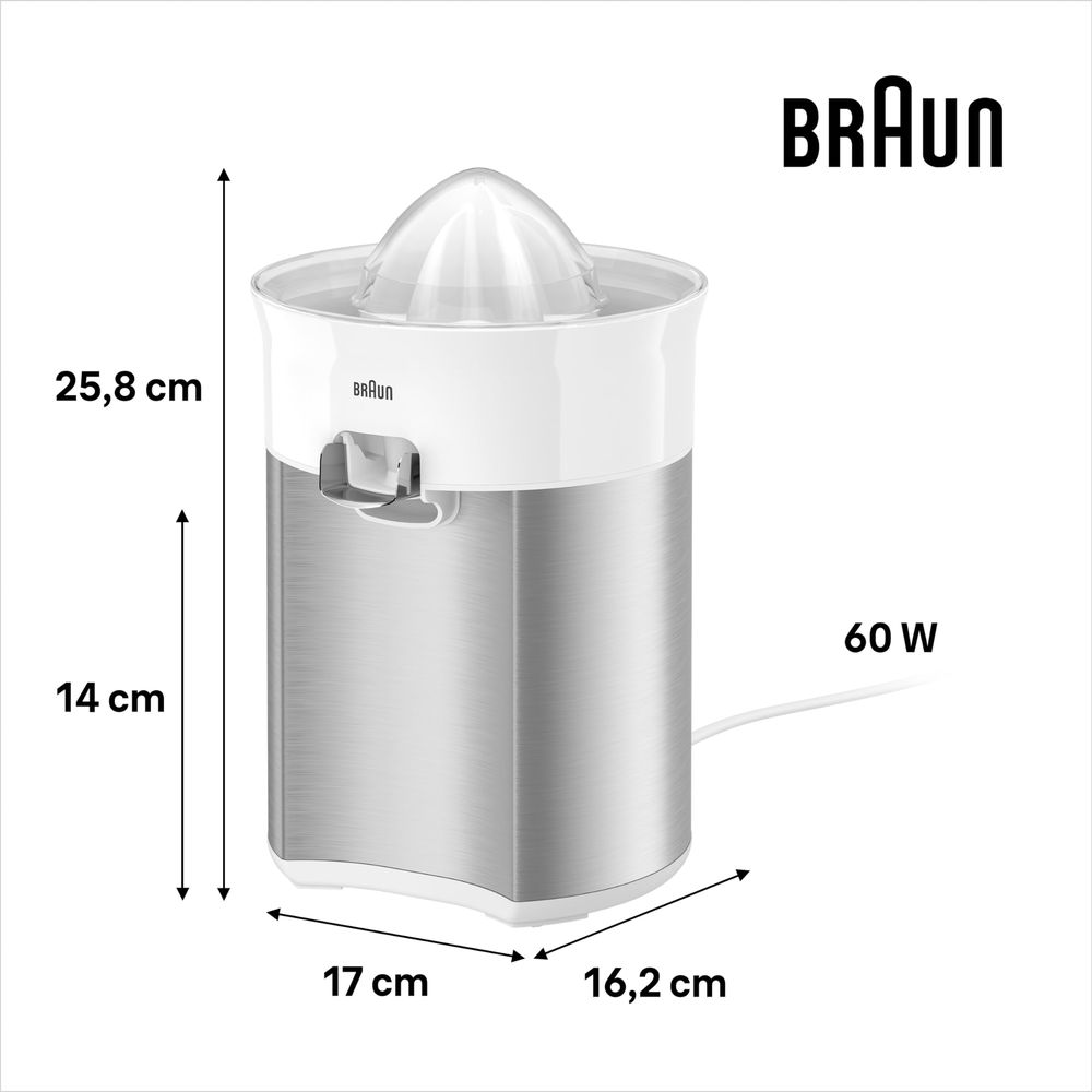 Un presse-agrumes Braun argenté et blanc avec dimensions.