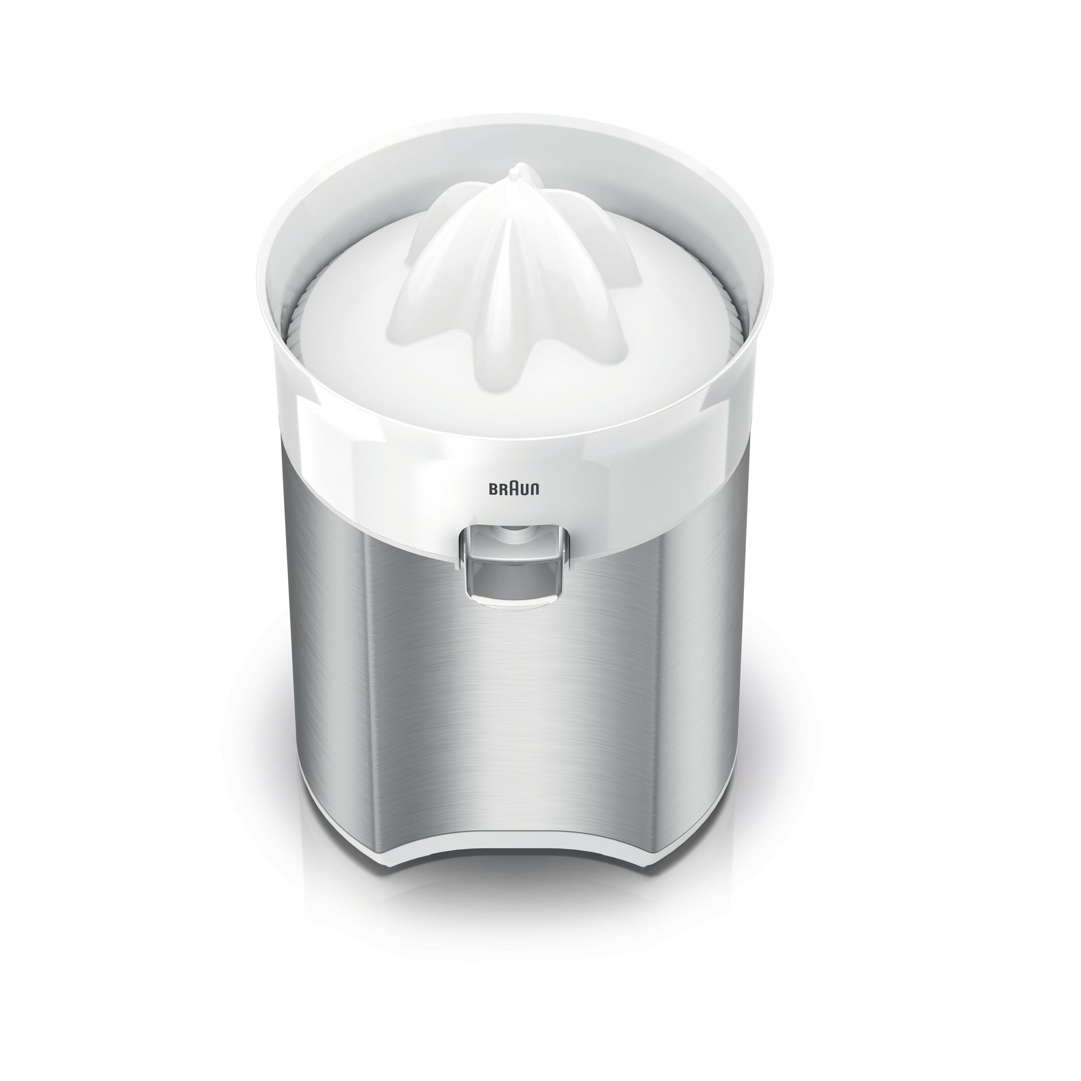 Ein weißer Zitruspressenaufsatz mit silbernem Gehäuse und Braun-Logo.