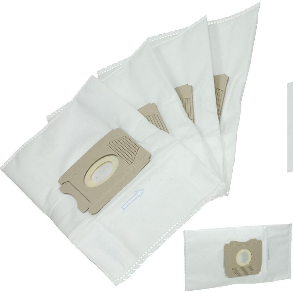 Cuatro bolsas blancas para aspiradora con conector marrón y flecha.