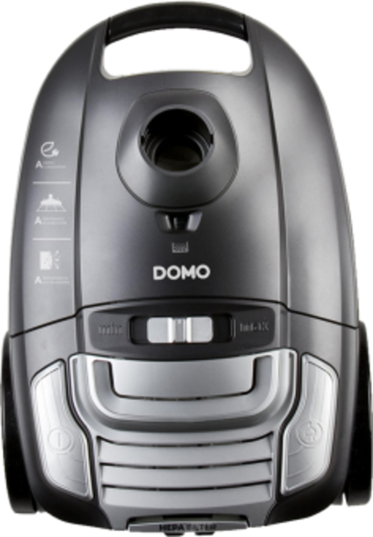 Szary odkurzacz DOMO z uchwytem i srebrnymi przyciskami sterowania.