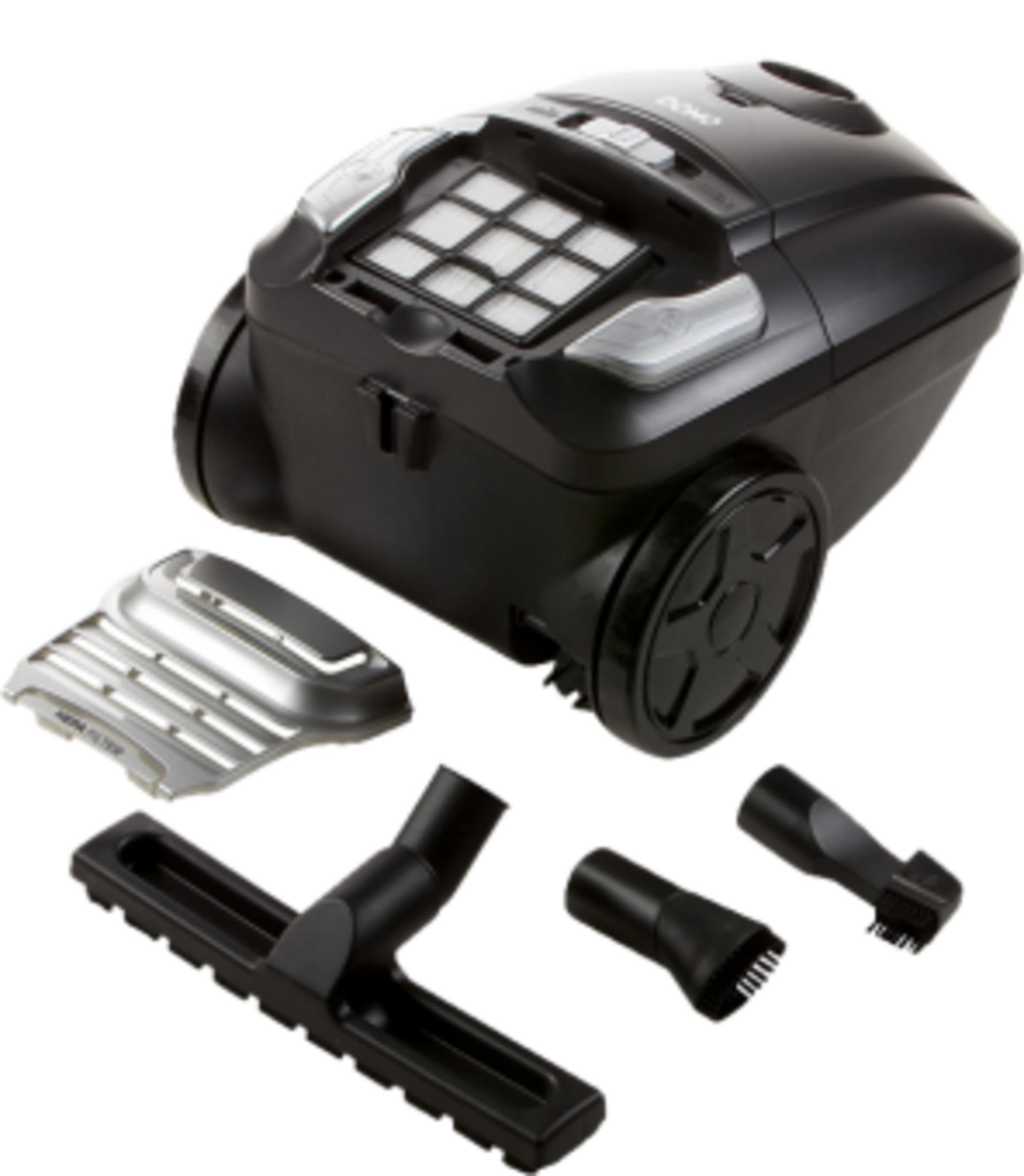 Czarny odkurzacz z filtrem HEPA i akcesoriami.