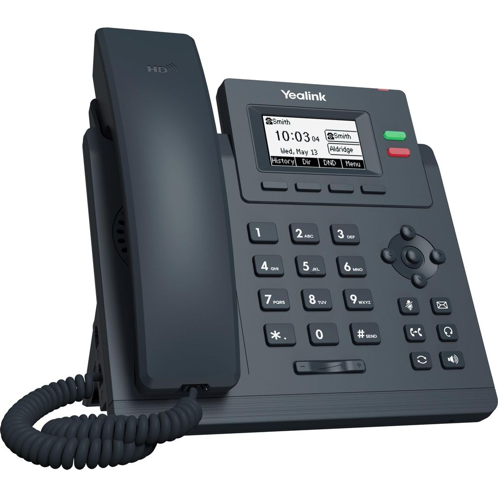 Un telefono da scrivania Yealink scuro con schermo LCD, tastiera e cornetta.