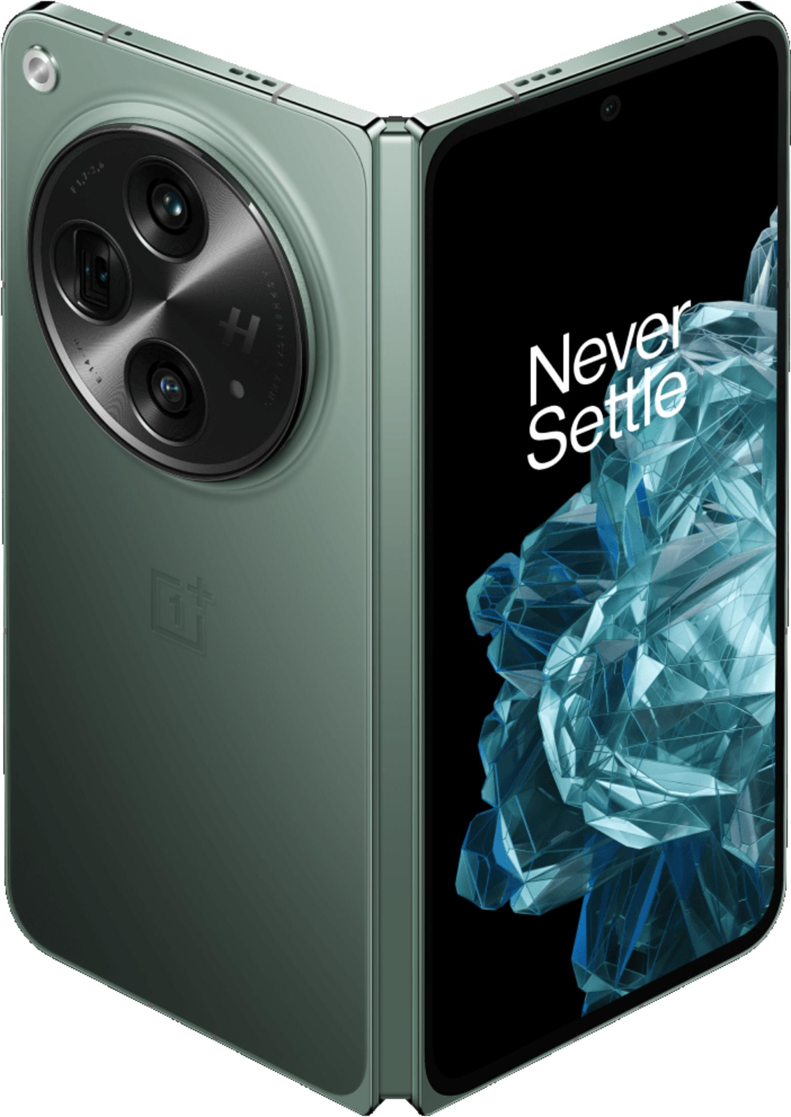 Un teléfono plegable verde con tres cámaras y la marca 'Never Settle'.