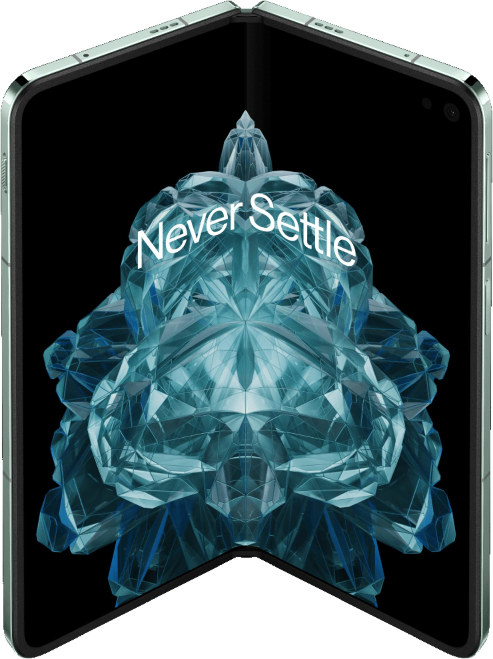 Un smartphone abierto que muestra un diseño de cristal azul y el texto 'Never Settle'.