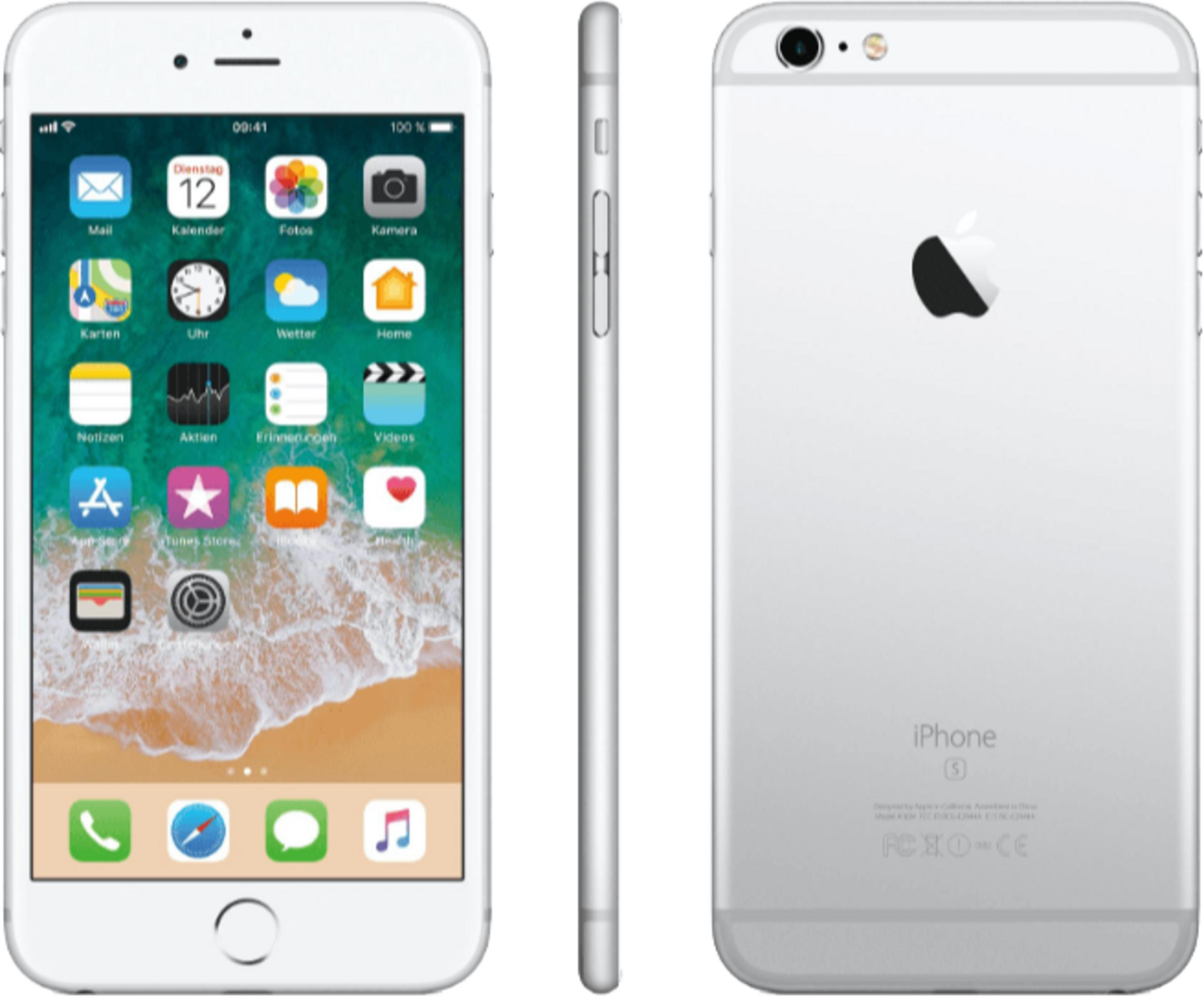 Silbernes iPhone 6 mit geöffneter App-Übersicht und Rückseite.