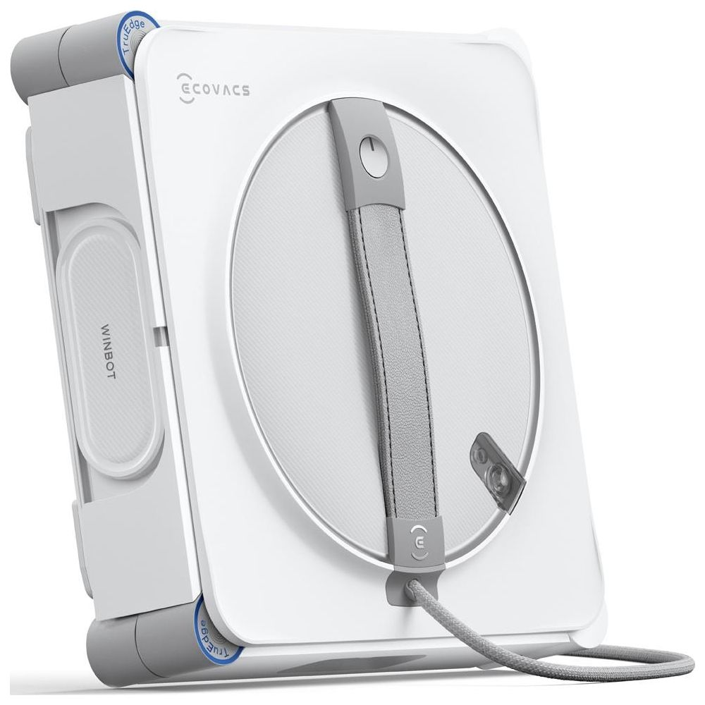 Un robot limpiacristales blanco Ecovacs Winbot con correa y cable grises.