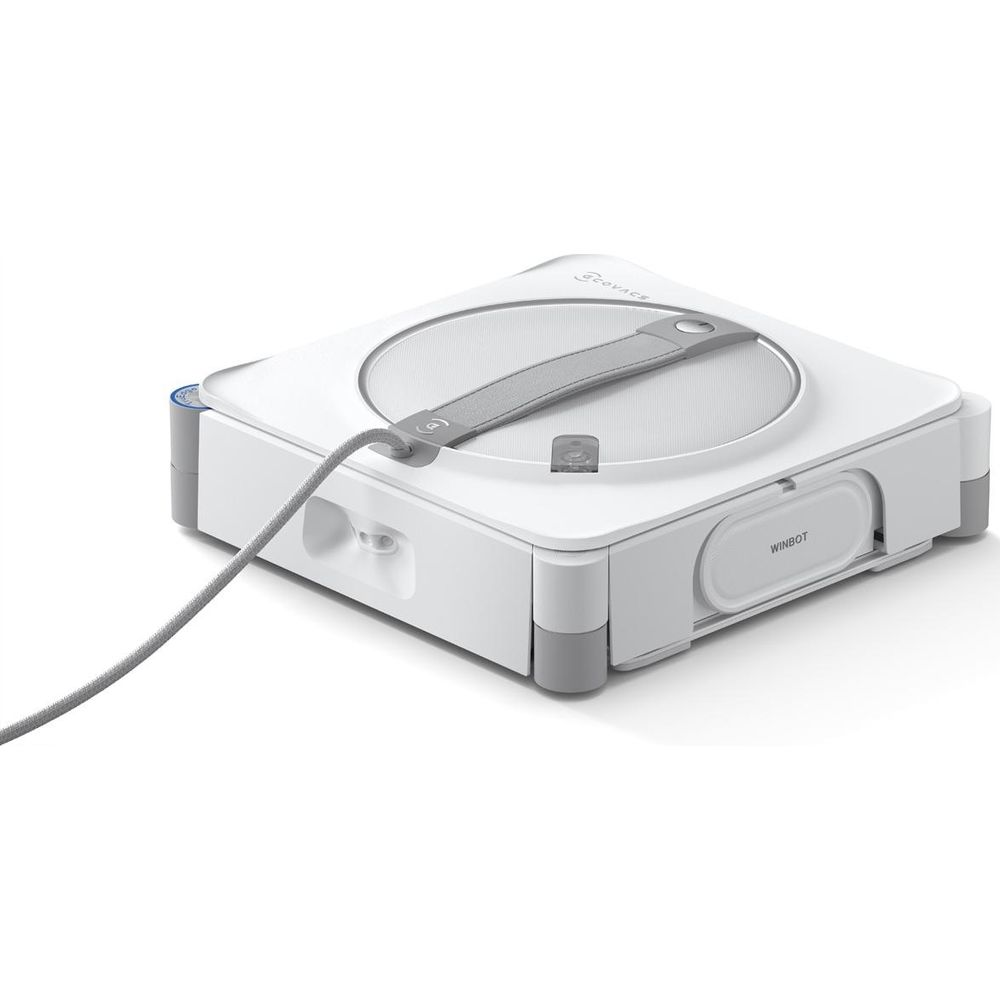 Un robot limpiacristales blanco con un cable gris.