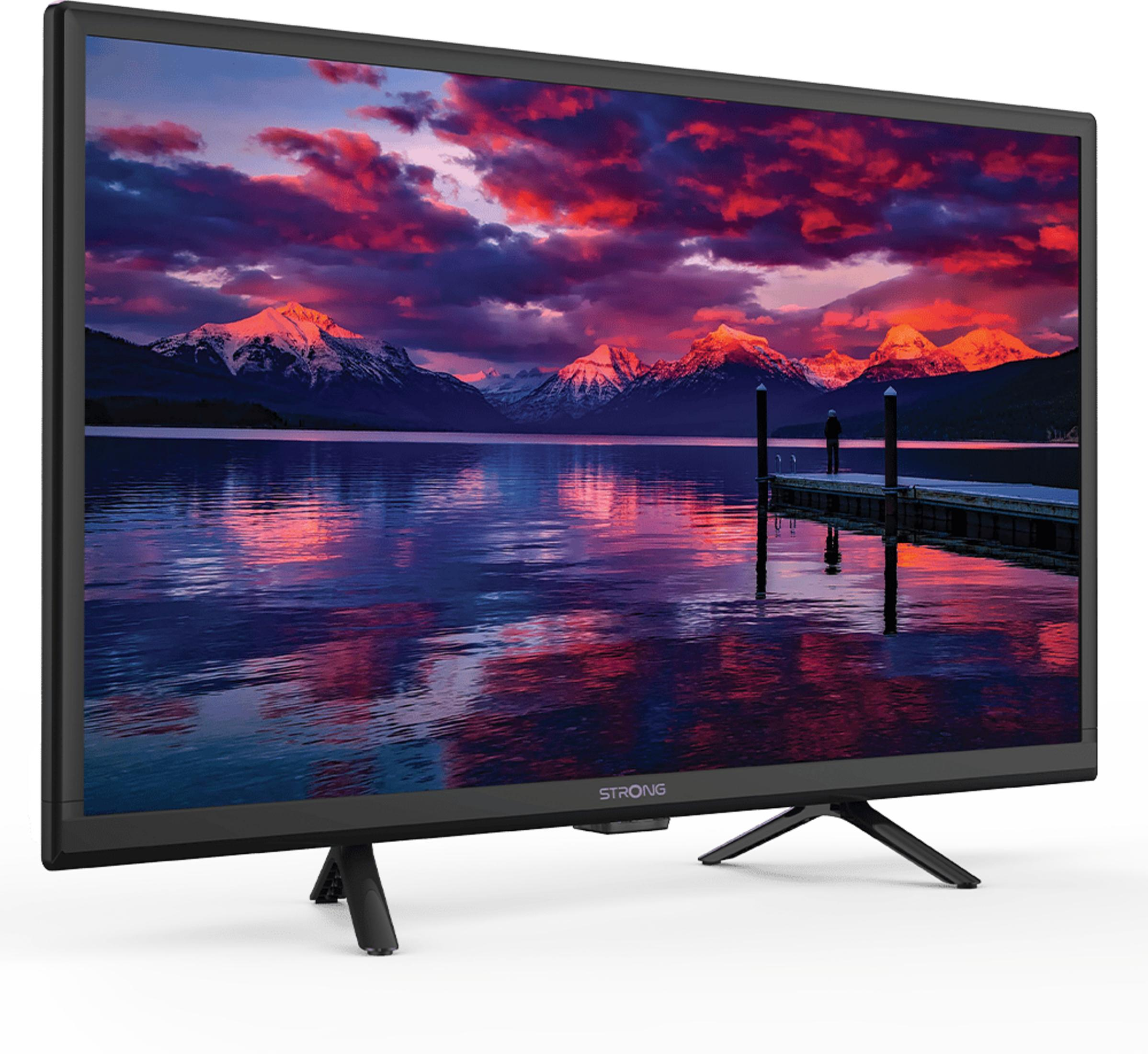 Telewizor wyświetla górskie jezioro o zachodzie słońca z pomostem.