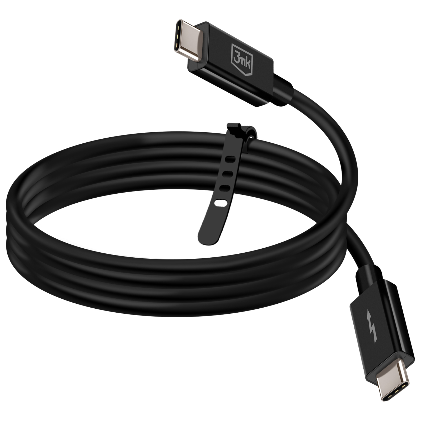 Czarny kabel USB-C z logo błyskawicy i logo 3mk, zwinięty na rzep.