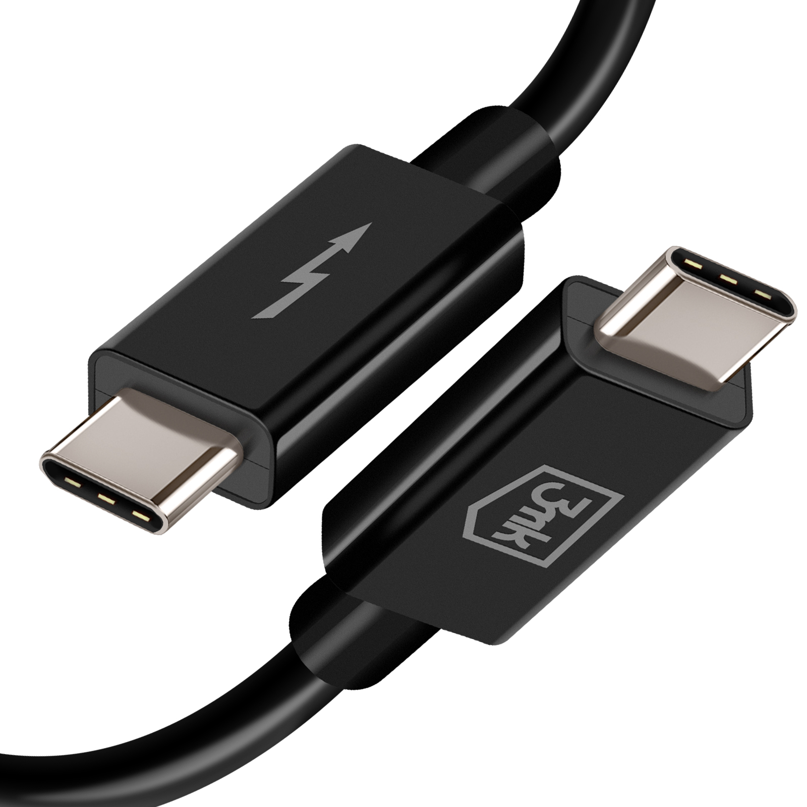 Dwa czarne kable USB-C ze srebrnymi złączami i logo.
