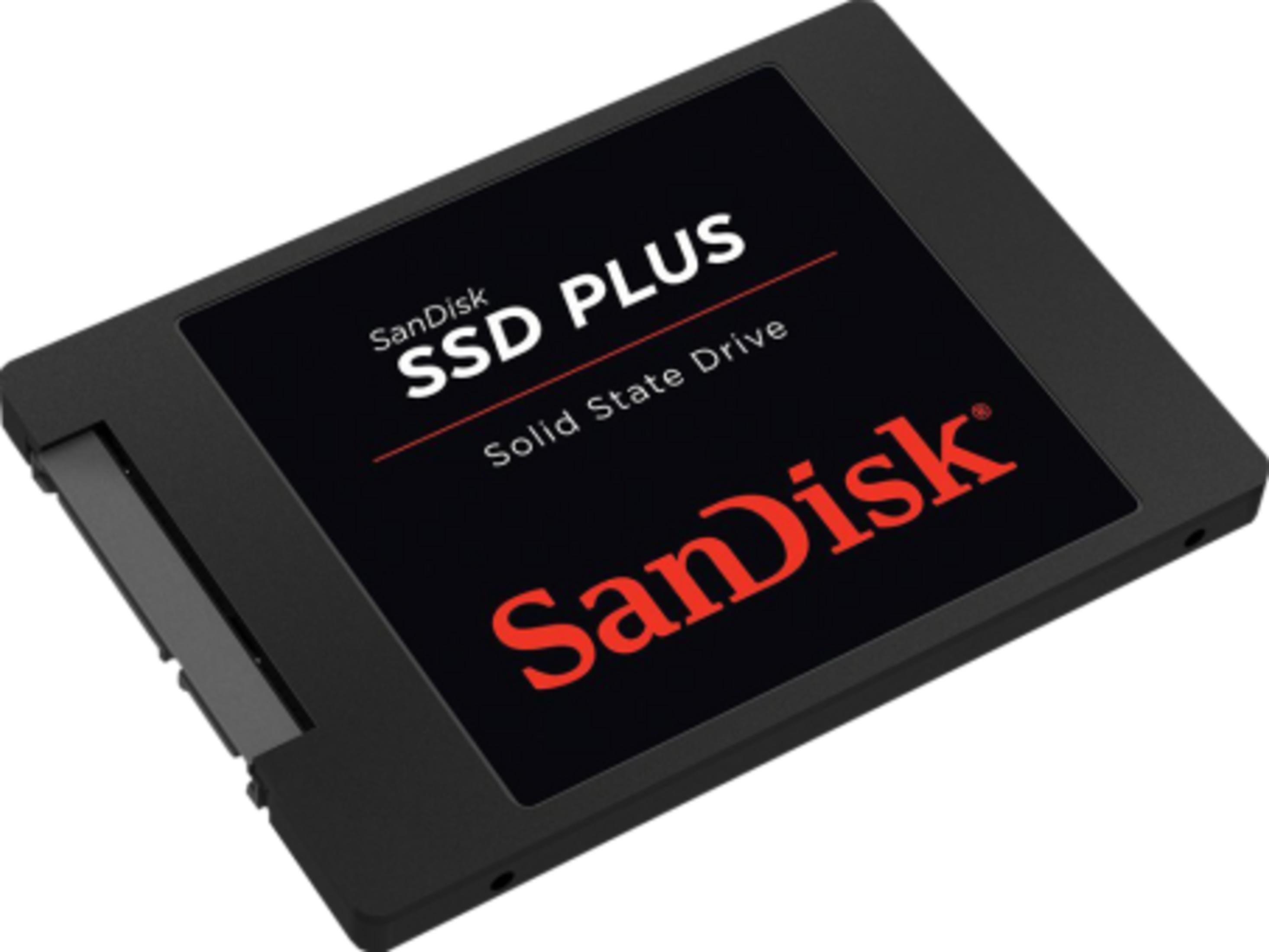 Kırmızı yazılı siyah bir SanDisk SSD Plus sürücü.