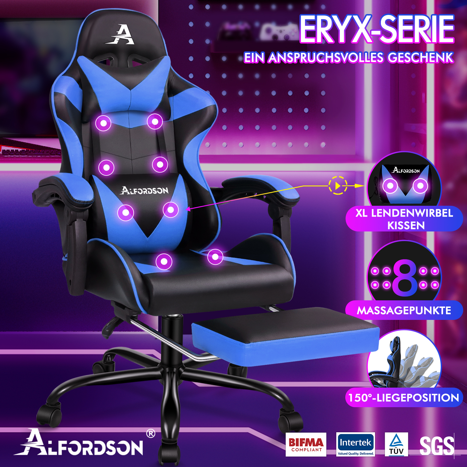 Ein blauer und schwarzer Gaming-Stuhl mit verstellbarer Fußstütze und Massagepunkten.