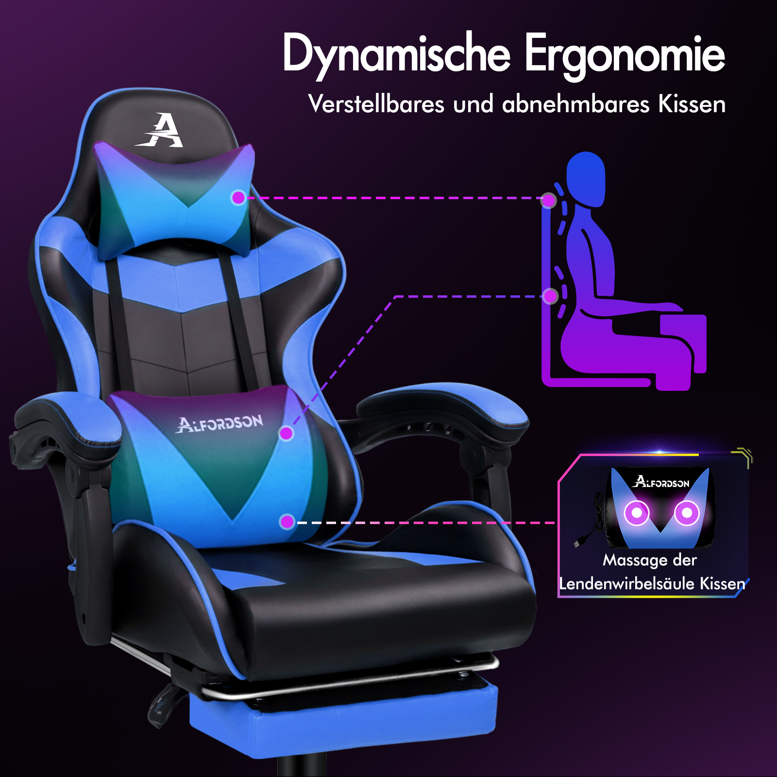 Blauer und schwarzer Gaming-Stuhl mit verstellbaren Kissen und Massagefunktion.