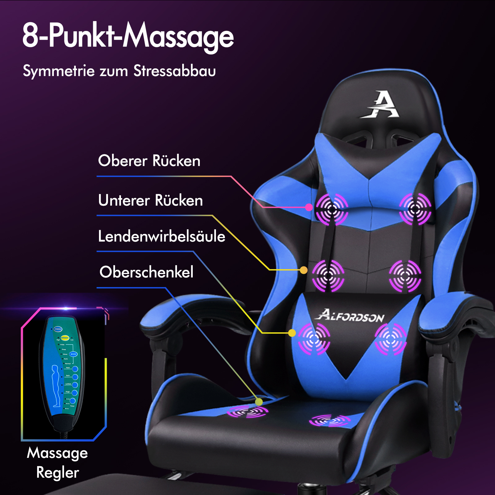 Ein blauer und schwarzer Massagesessel mit 8 Massagepunkten und Fernbedienung.
