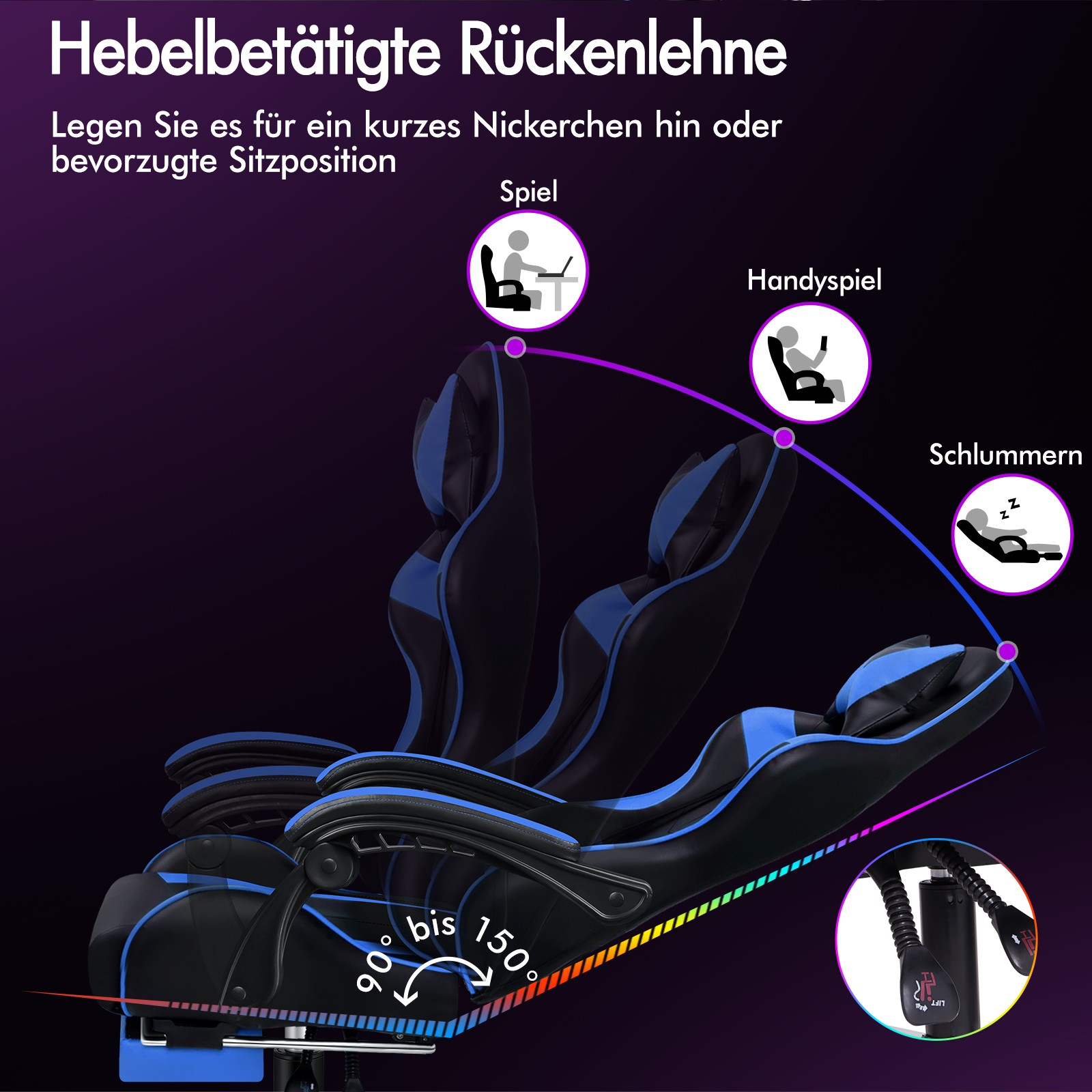 Ein schwarzer und blauer Gaming-Stuhl zeigt verschiedene Neigungswinkel von 90 bis 150 Grad.