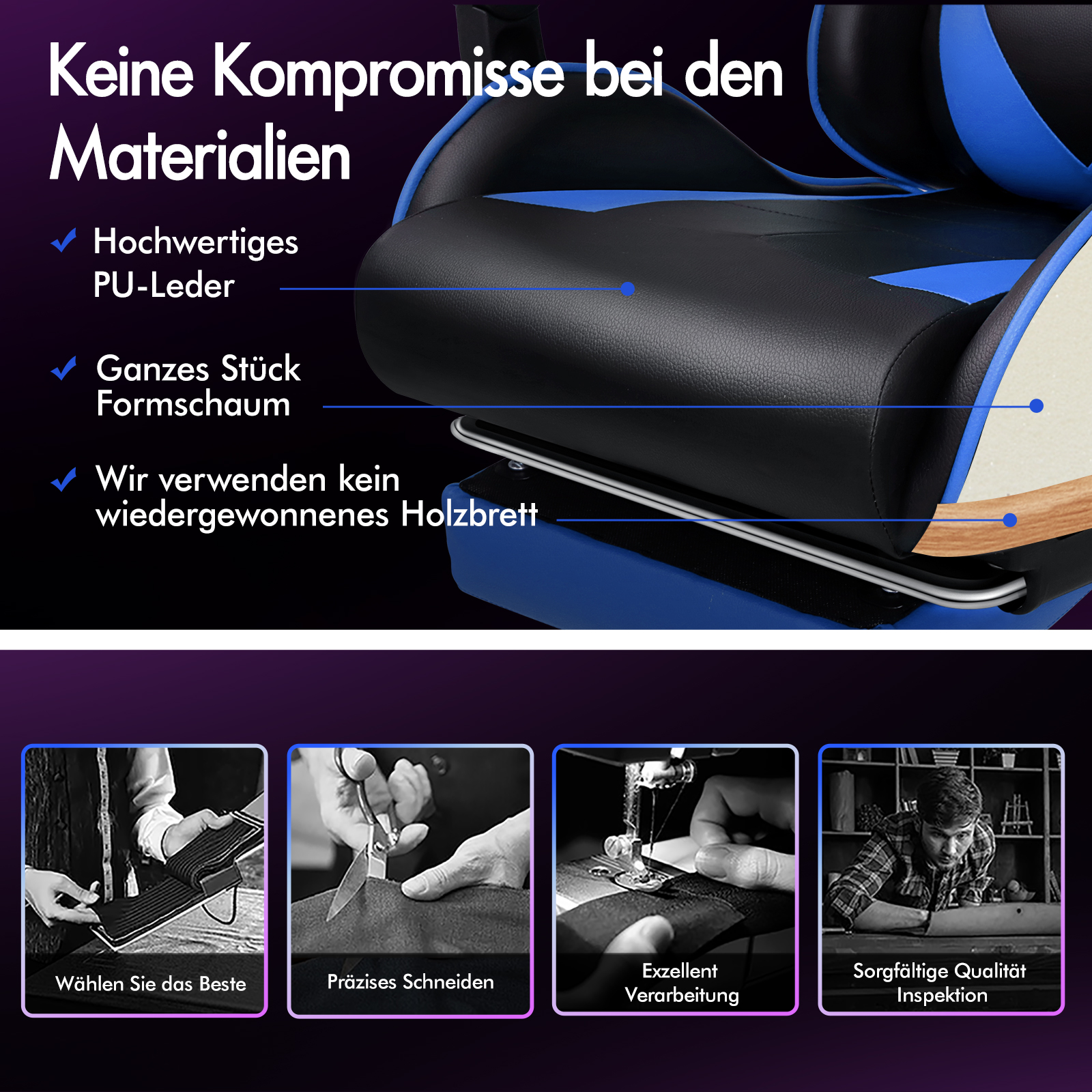 Hochwertiges PU-Leder, Formschaum, kein Holzbrett; vier Bilder zeigen Auswahl, Schnitt, Nähen, Inspektion.