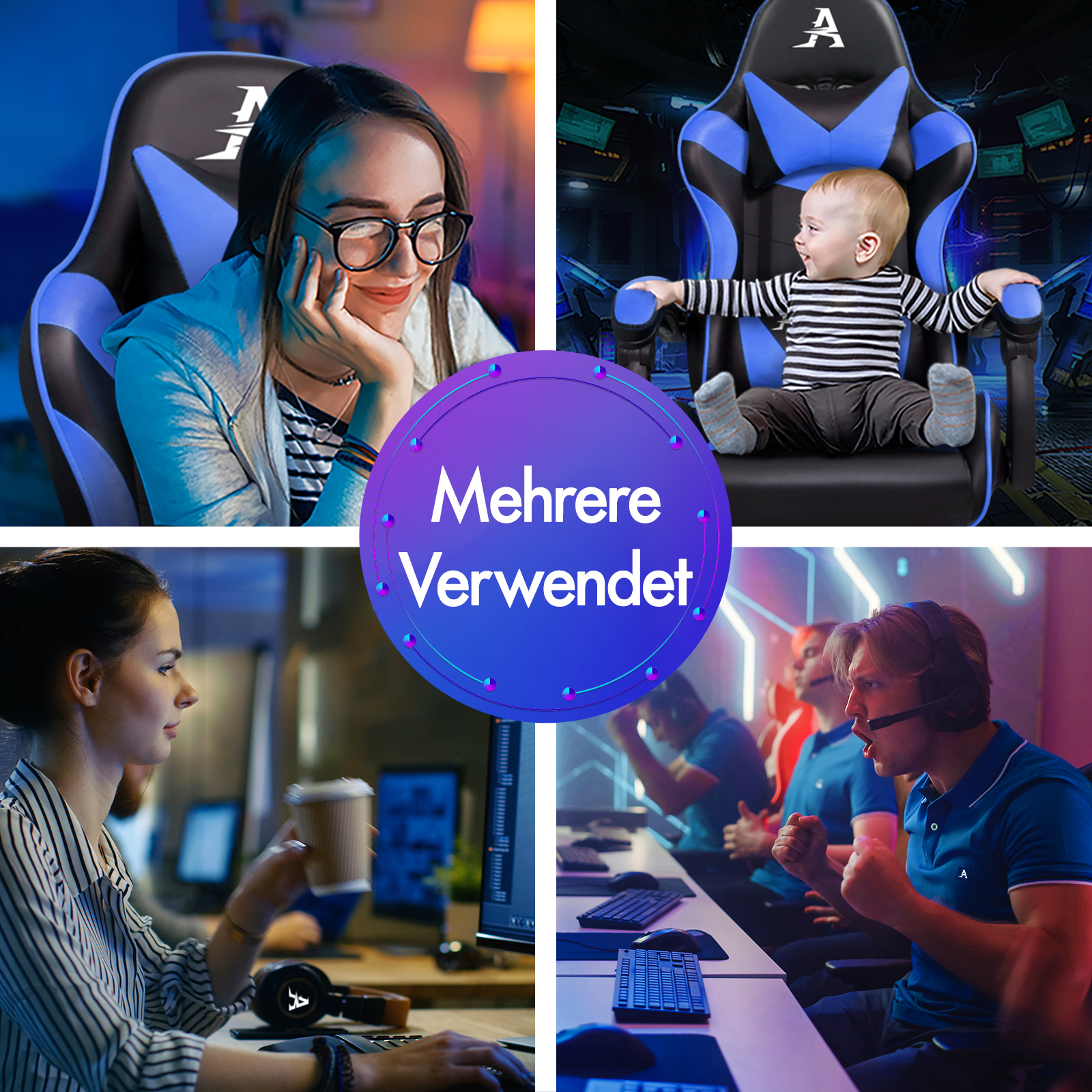 Collage: Junge Frau am PC, Baby im Gaming-Stuhl, Frau im Büro, Gamer im Wettkampf.