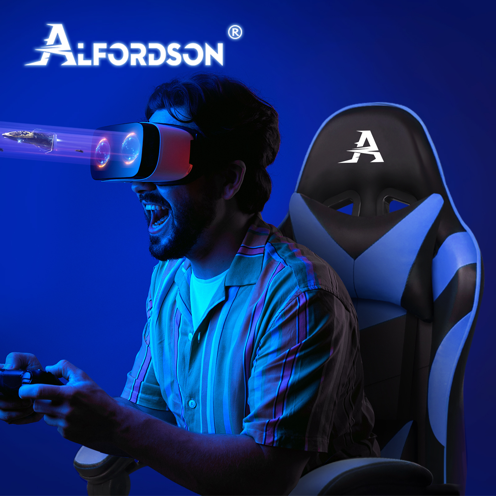 Mann mit VR-Brille spielt Videospiel, ALFORDSON-Logo.