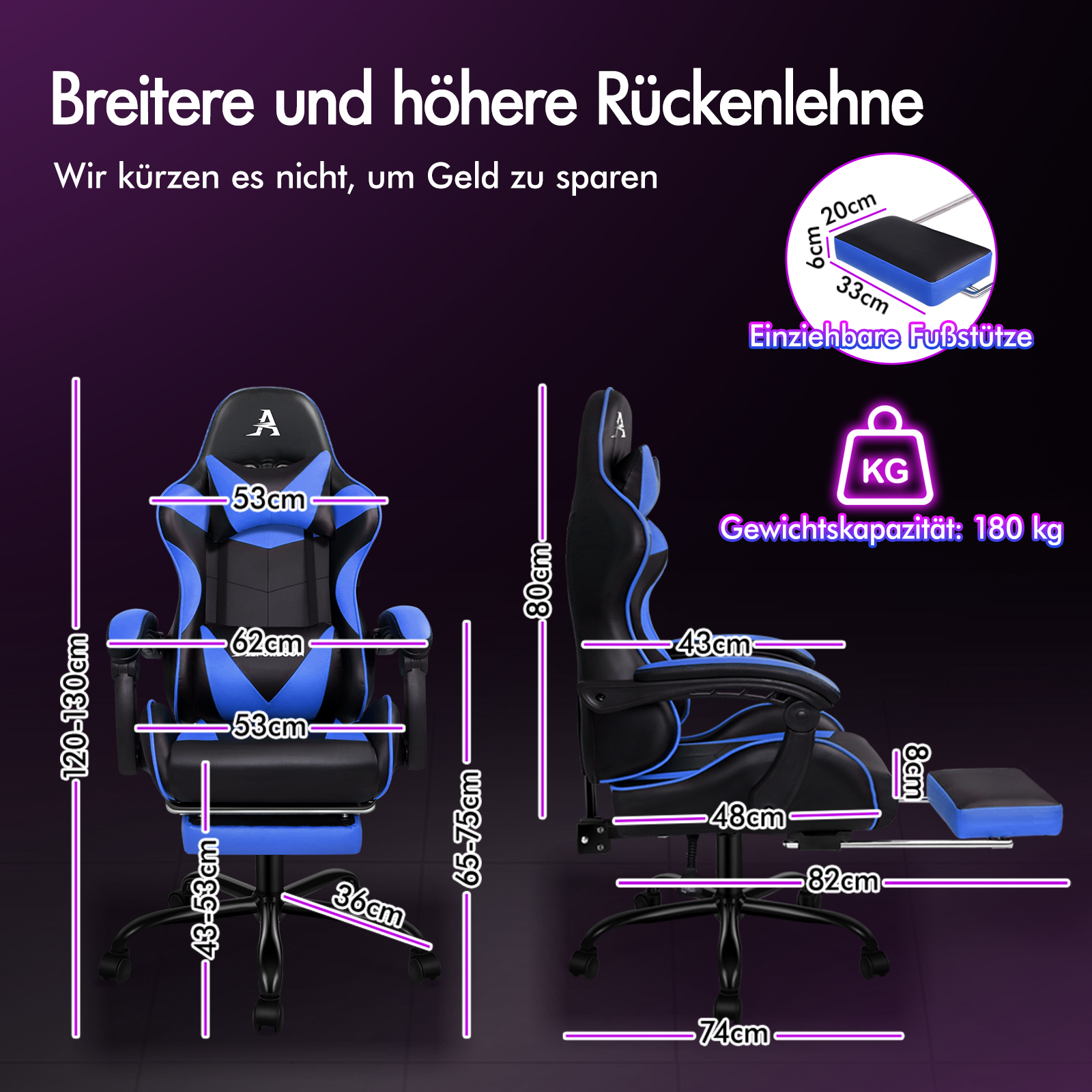 Ein schwarzer und blauer Gaming-Stuhl mit Maßen und ausziehbarer Fußstütze.