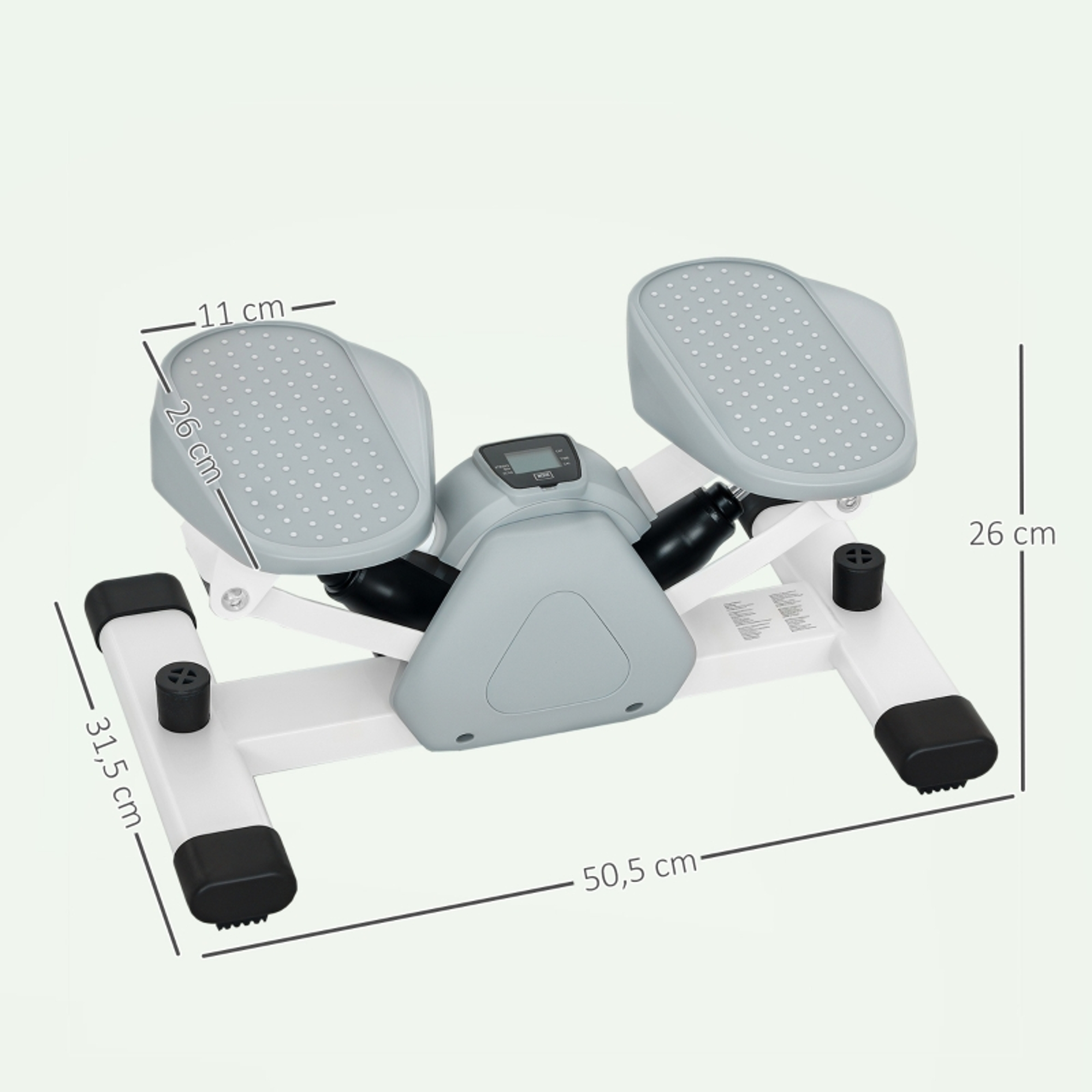 Ein grauer und weißer Heimtrainer mit Pedalen und einem digitalen Display.