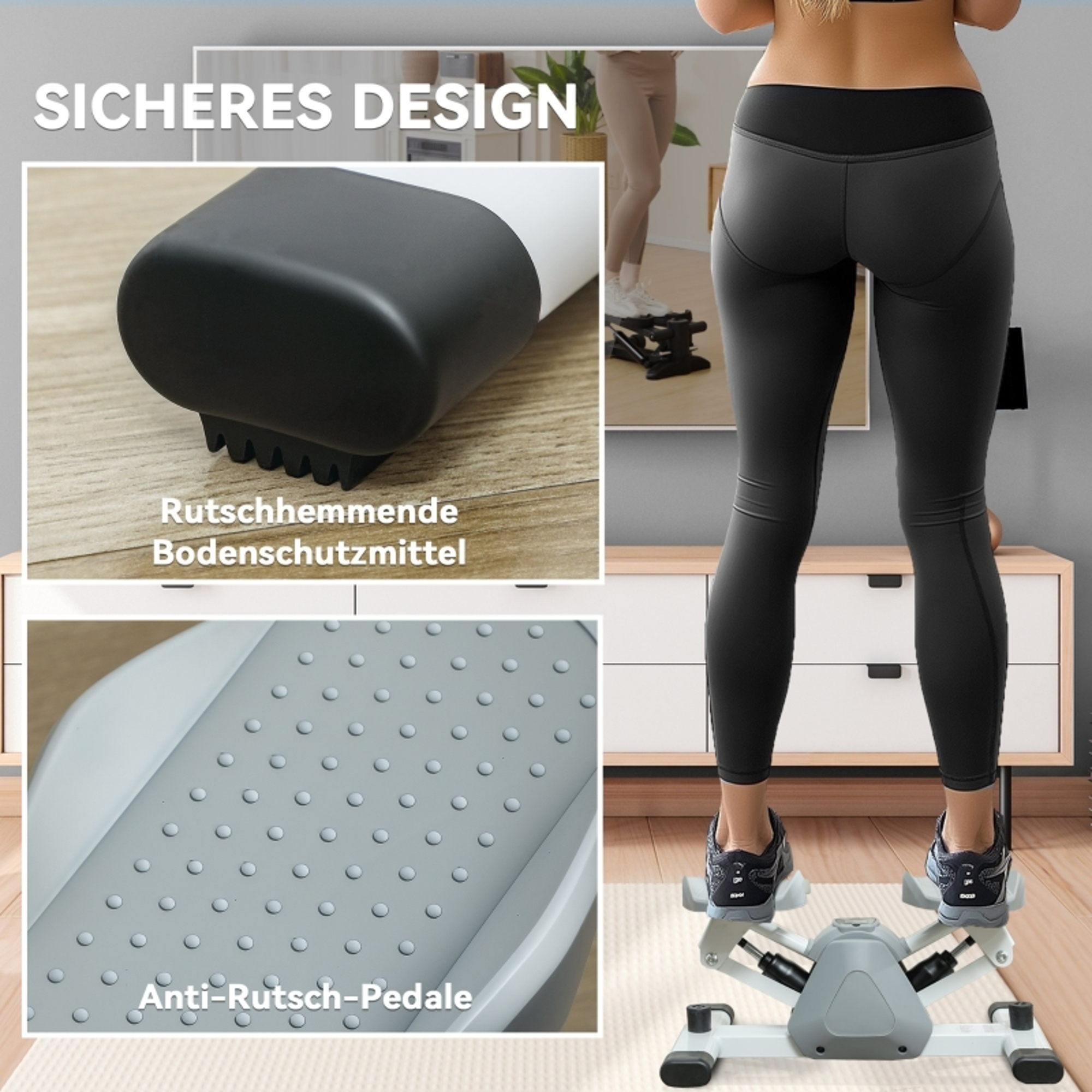 Person auf einem Stepper mit rutschfesten Pedalen und Bodenschutz.