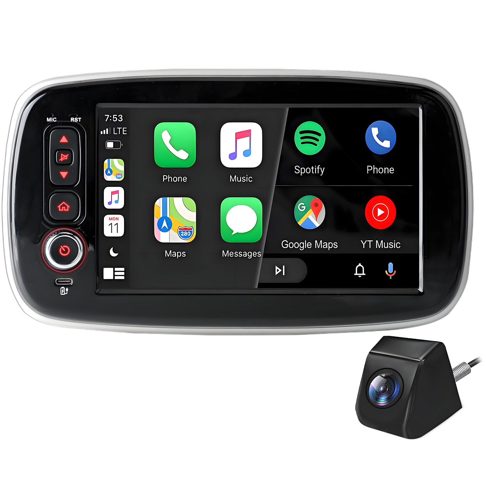Ein Autoradio-Touchscreen mit App-Symbolen und eine kleine Rückfahrkamera.