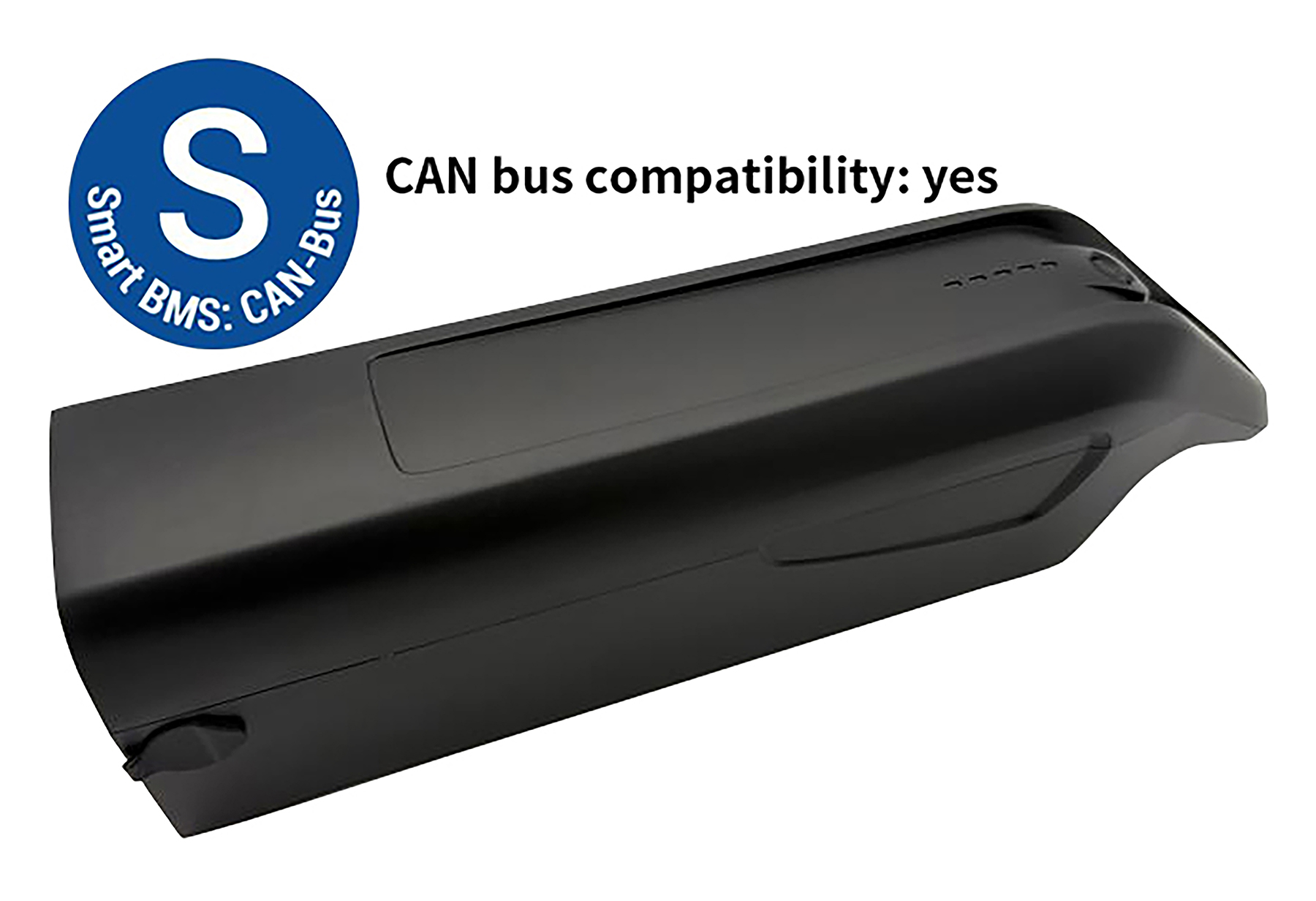 Schwarzer Akku mit "Smart BMS: CAN-Bus" Logo und Text "CAN bus compatibility: yes".