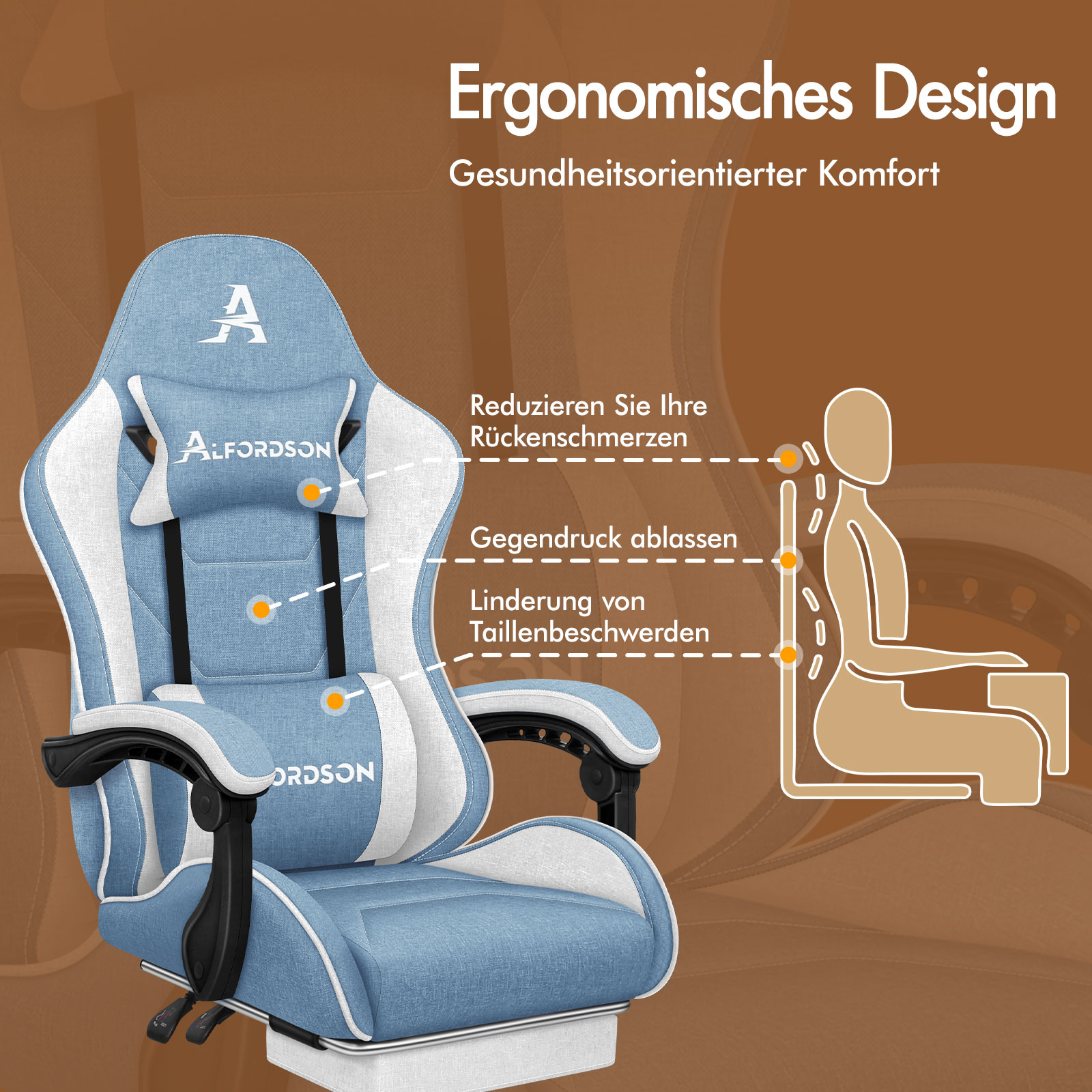 Blauer Bürostuhl mit ergonomischem Design. "A" und "ALFORDSON" Logos.
