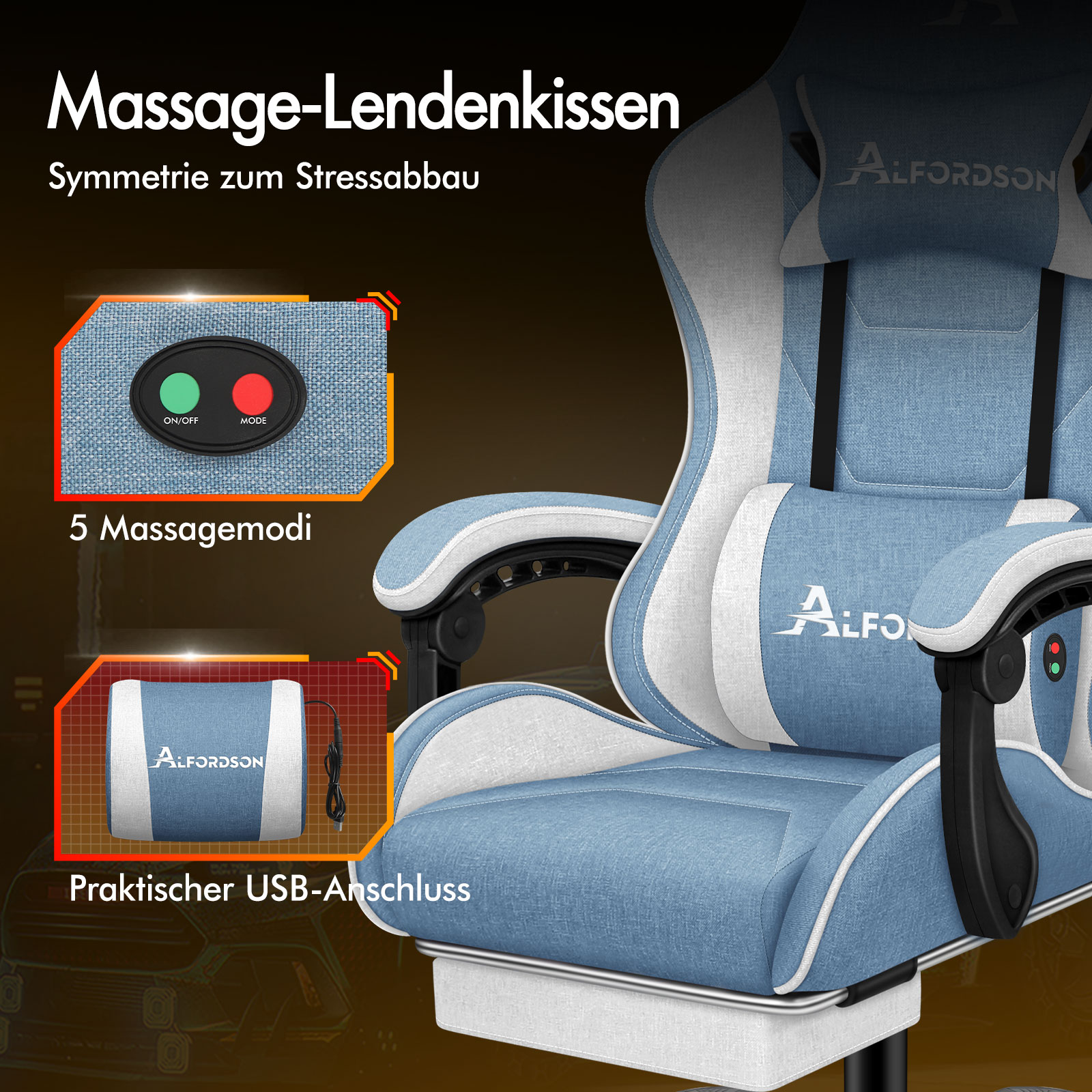 Blau-weißer Massagesessel mit Bedienelementen und USB-Anschluss.