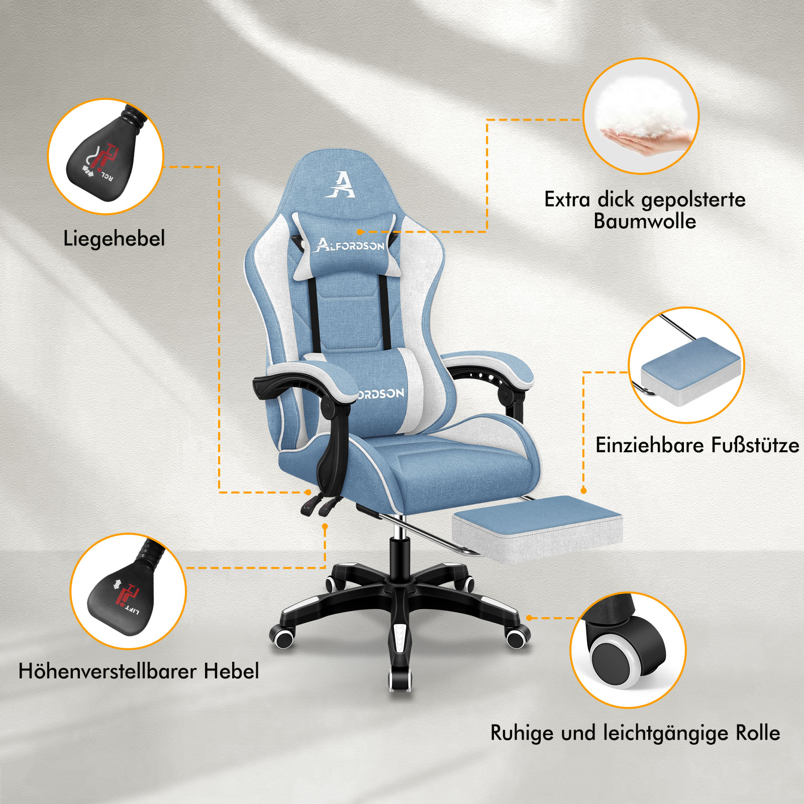 Ein blauer und weißer Gaming-Stuhl mit Fußstütze, verstellbaren Hebeln und Rollen.