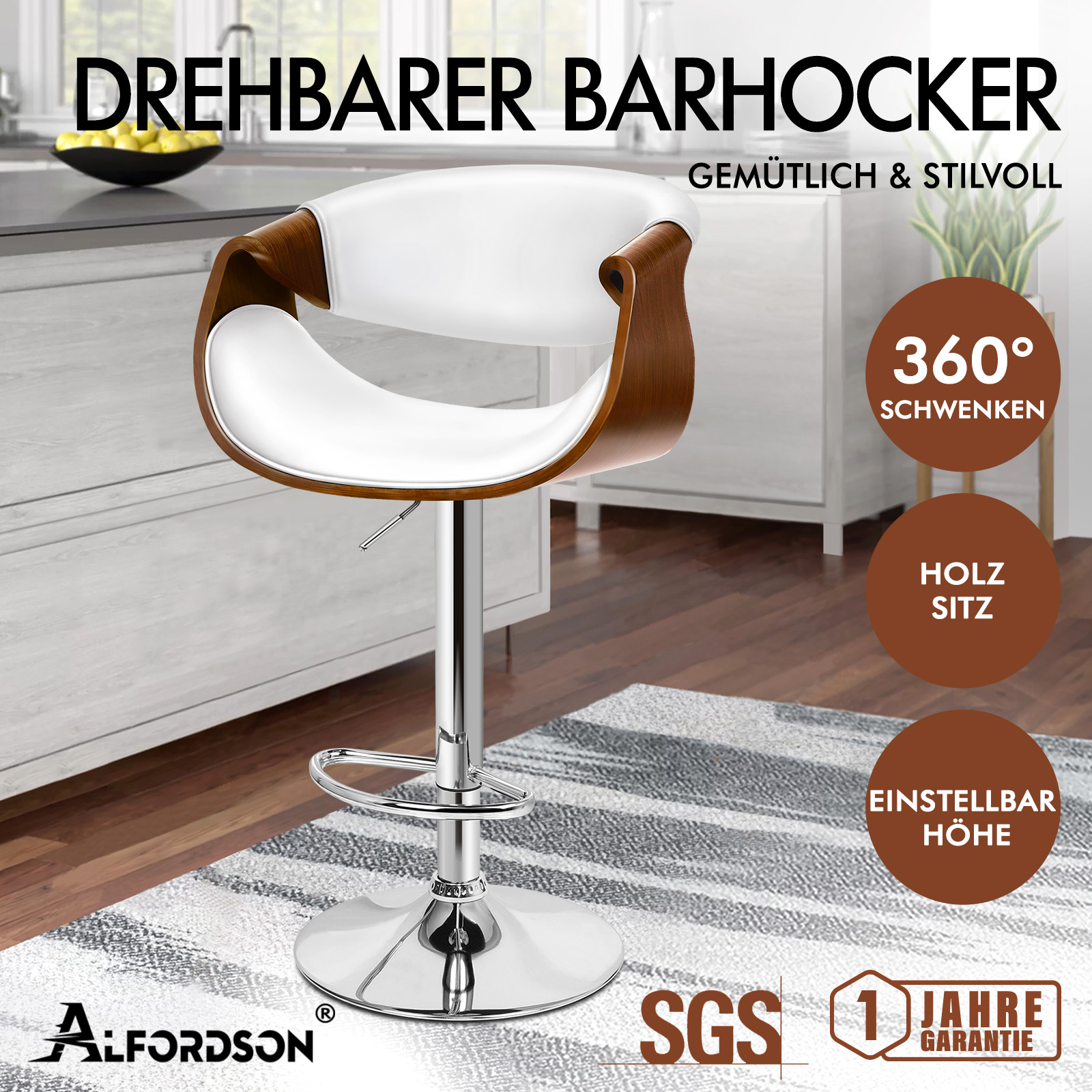 Moderner weißer Barhocker mit Holzakzenten und Chromfuß in einer Küche.